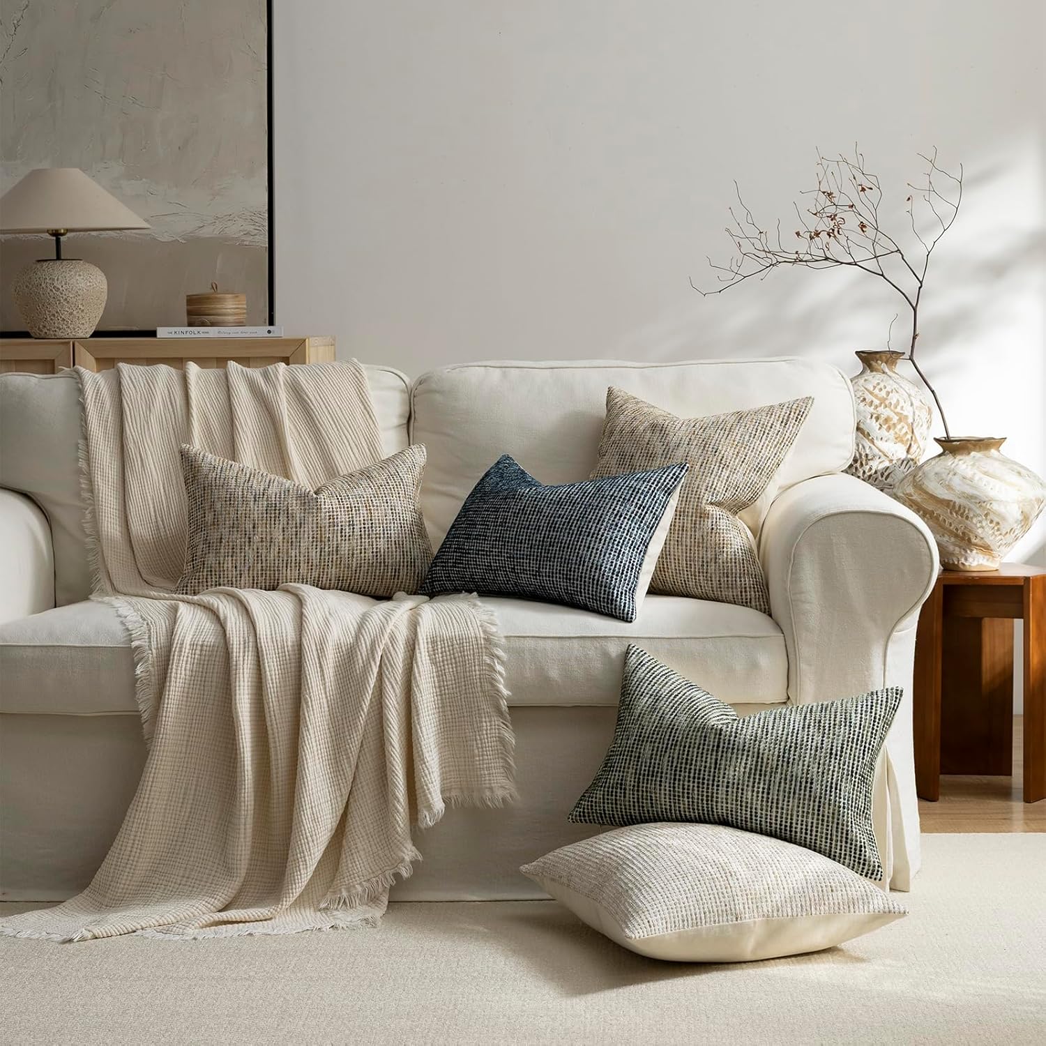 Pack of 2 Neutral Throw Pillow Covers 20x20 Boho Textured Dots Stripe Chenille Square Decorative Pillow Cases Accents for Living Room Couch Bed Farmhouse Home Decor, Brown Grey