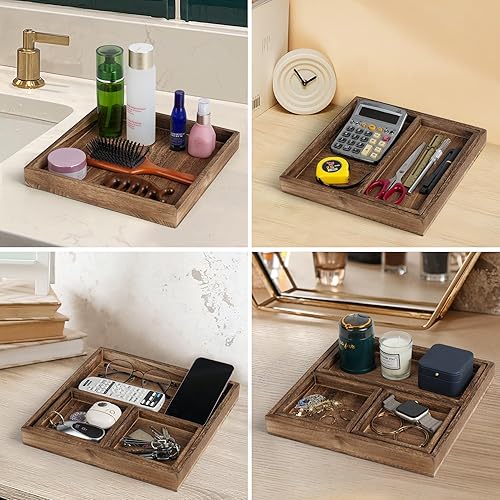 Miniatura 7 de LotFancy Bandejas de madera para servir, juego de 7 piezas, bandejas rústicas para alimentos anidables con asas, bandeja rectangular decorativa para