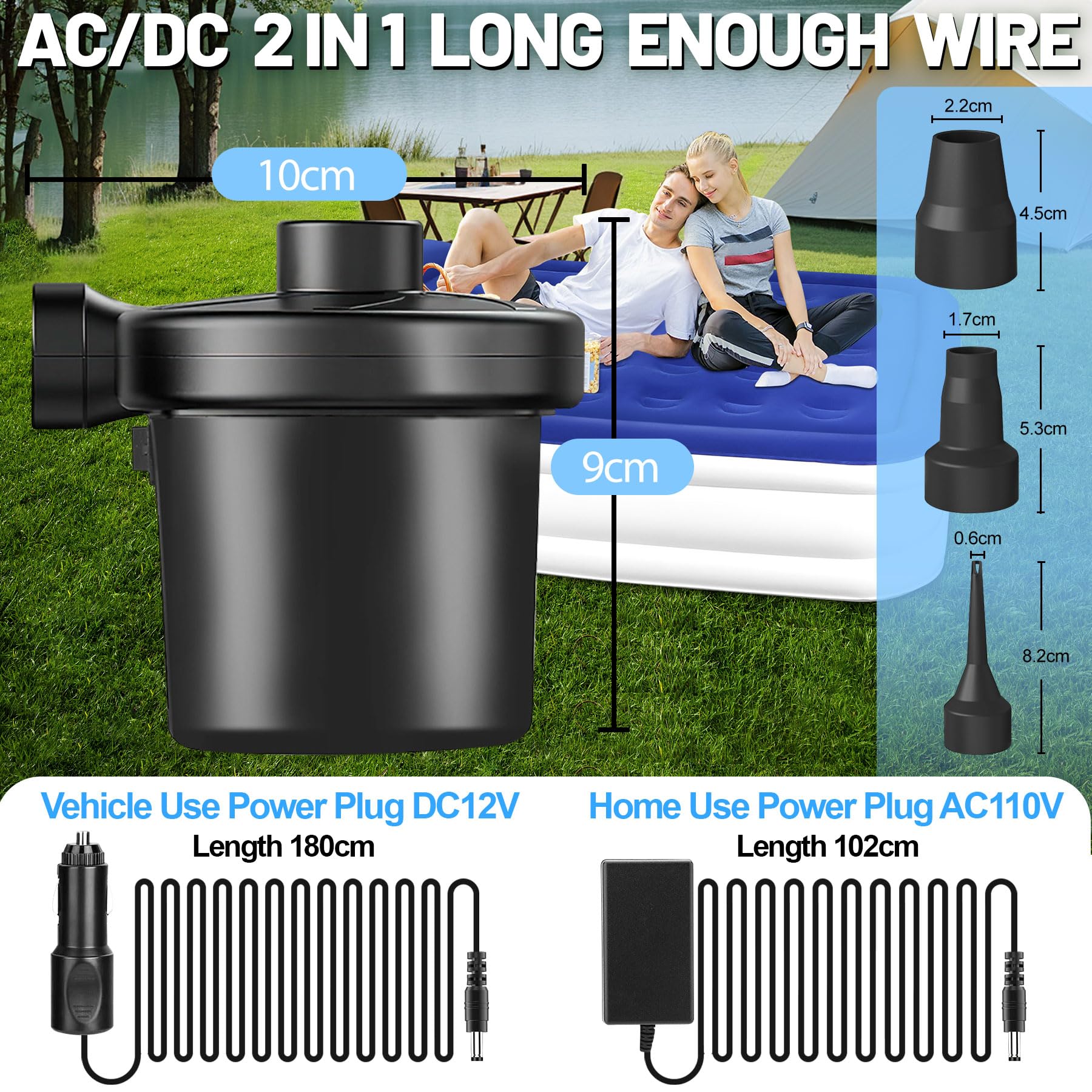 AearKing Inflador Electrico Colchon Hinchable, 2 en 1 Bomba de Aire Eléctrica Portátil con 3 Boquillas, Hinchador Electrico Piscina Hinchable con 2 Enchufes 110V-240V AC/12V 50W DC para Casa y Coche