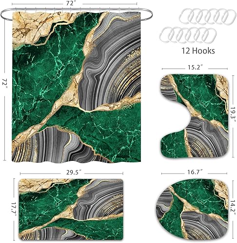 Miniatura 6 de Gibelle Juego de 4 cortinas de ducha de mármol con alfombras antideslizantes, cubierta para tapa de inodoro y tapete de baño, juego de decoración de