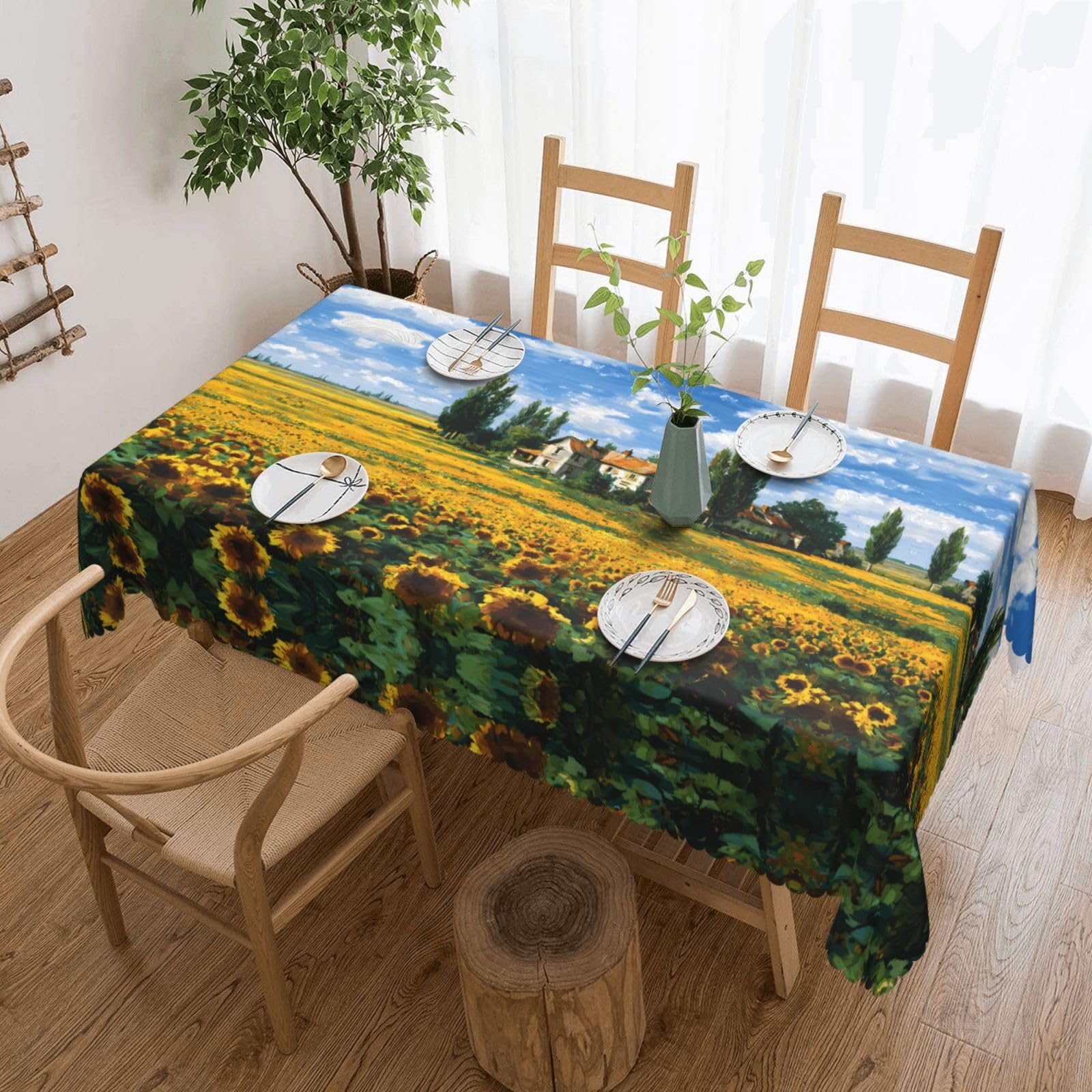 QAZWZML Sunflower oil painting Printed tablecloth, made of thick polyester with lace trim, suitable for dining rooms, picnics, and weddings