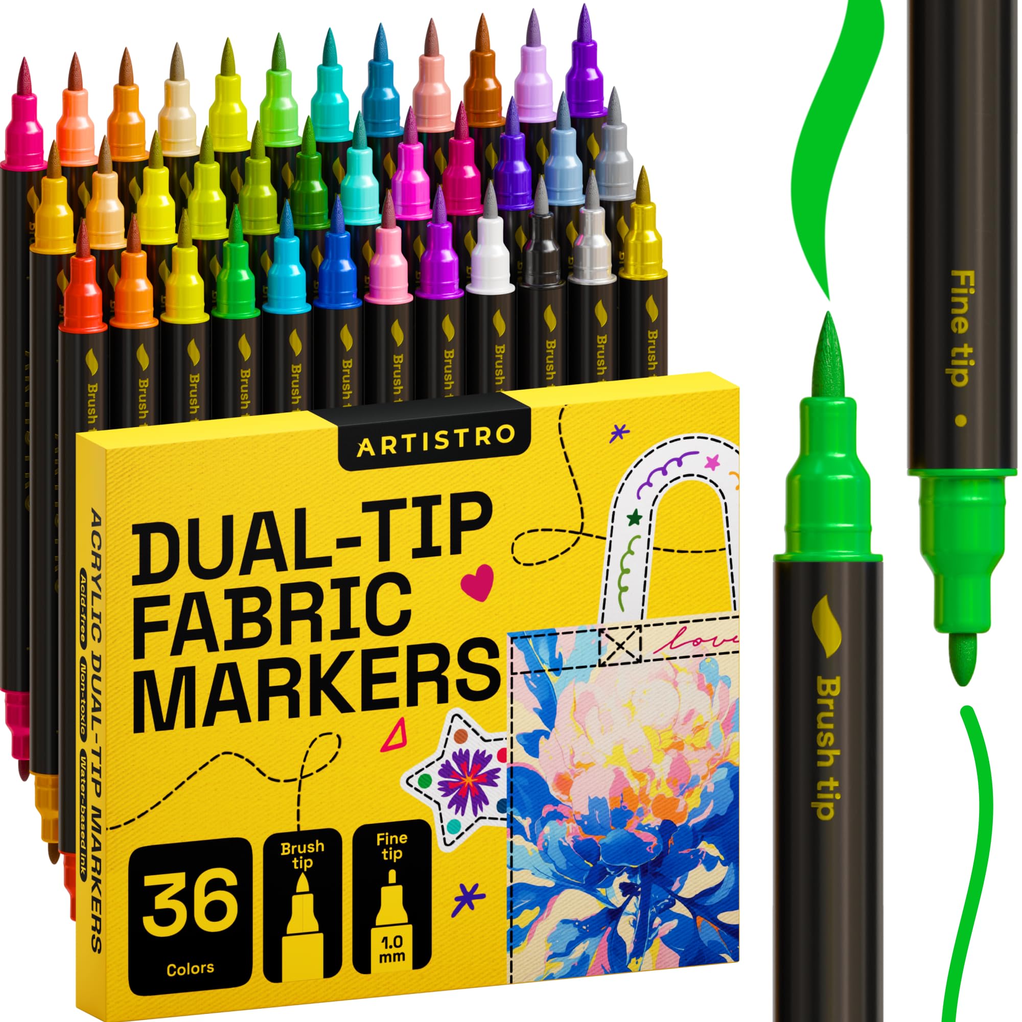 ARTISTRO 36 Fabric Markers, Dual-Tip Fabric Markers Permanent for Clothes, No Bleed Fabric Pens for T-Shirts, Bags, Textile
