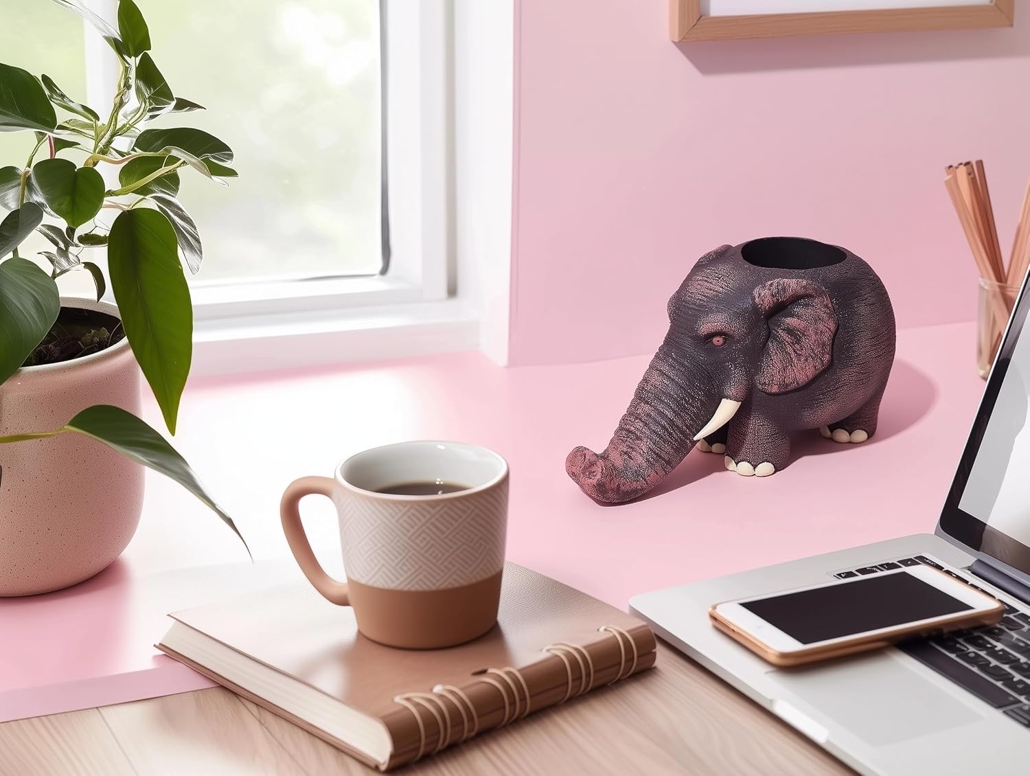 Decorative Elephant Resin Figurine Phone Stand & Remote Holder – Handcrafted Multi-Functional Elephant Sculpture Organizer for Desk, Table, Living Room, Office Decor