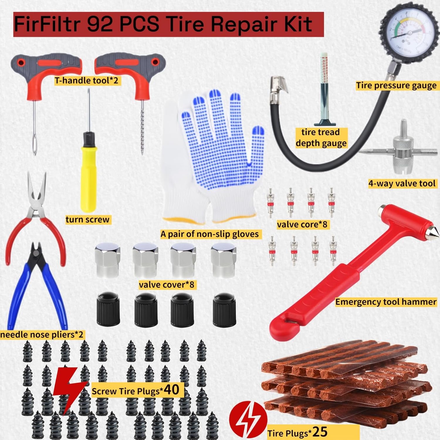 92 PCS Tire Repair Kit Include 40pcs Tire Plugs Screw Type and 25pcs Tire Plug,Trailer Fix Punctures and Plug Flats Patch Kit for Car, Motorcycle, Truck, SUV,Tractors, and Bicycles