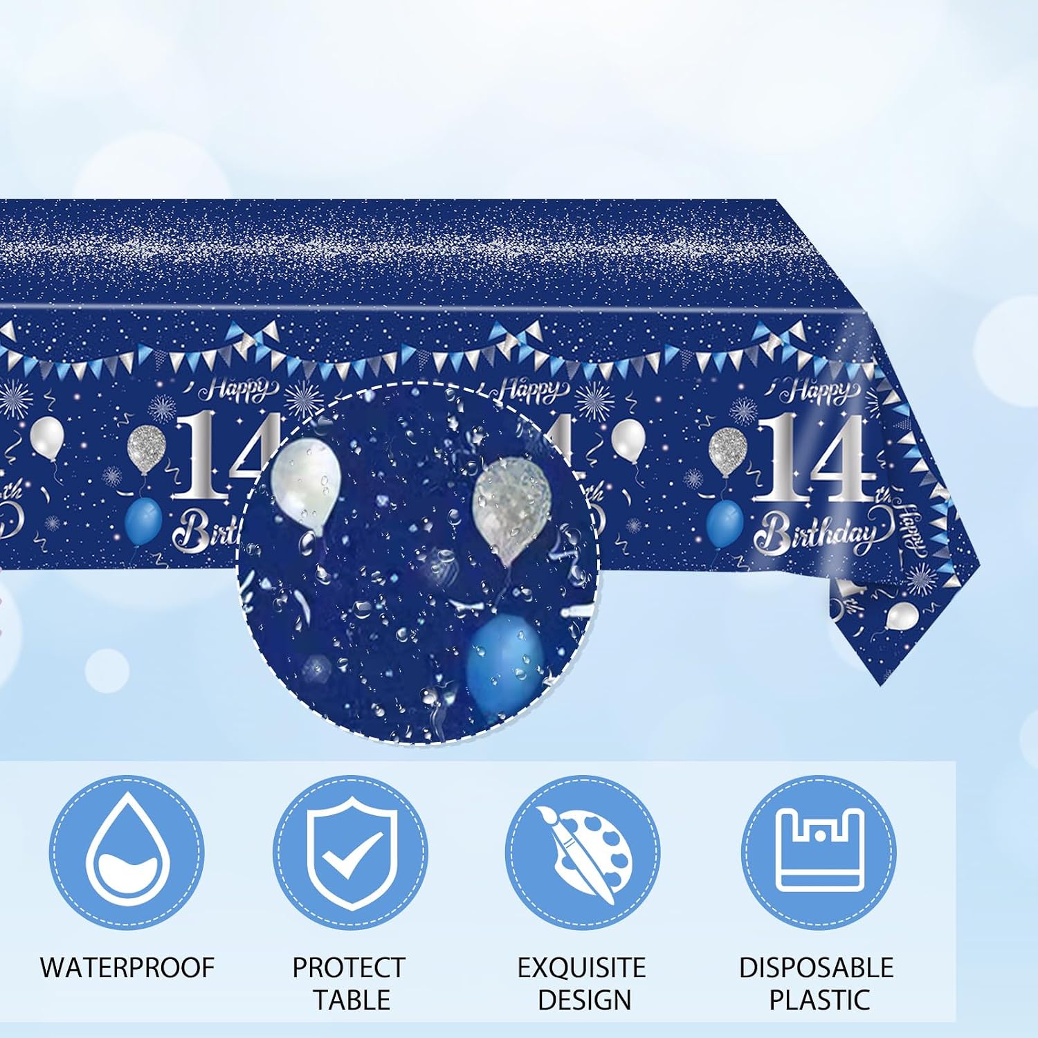 14th Blue Birthday Decorations for Men Boys Women Girls, 41PCS Blue and Silver Happy Birthday Party Decorations Including Happy Birthday Plates and Napkins Tablecloth, Serve 20 image 5