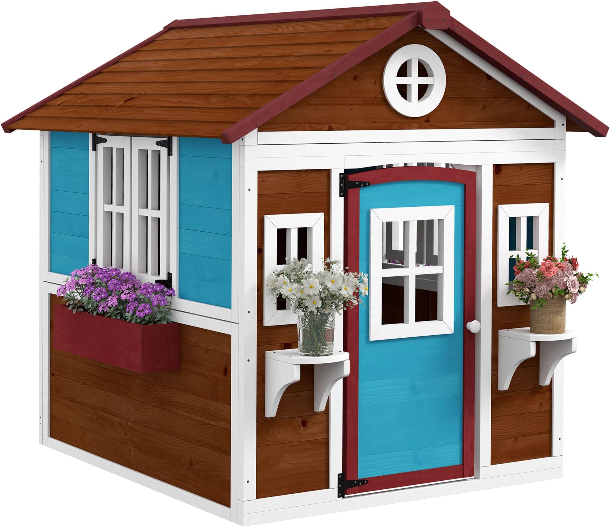 Outsunny Wooden Playhouse for Kids Outdoor Wendy House with Doors, Windows, Plant Pots, Boxes, for 3-8 Years - Dark Brown