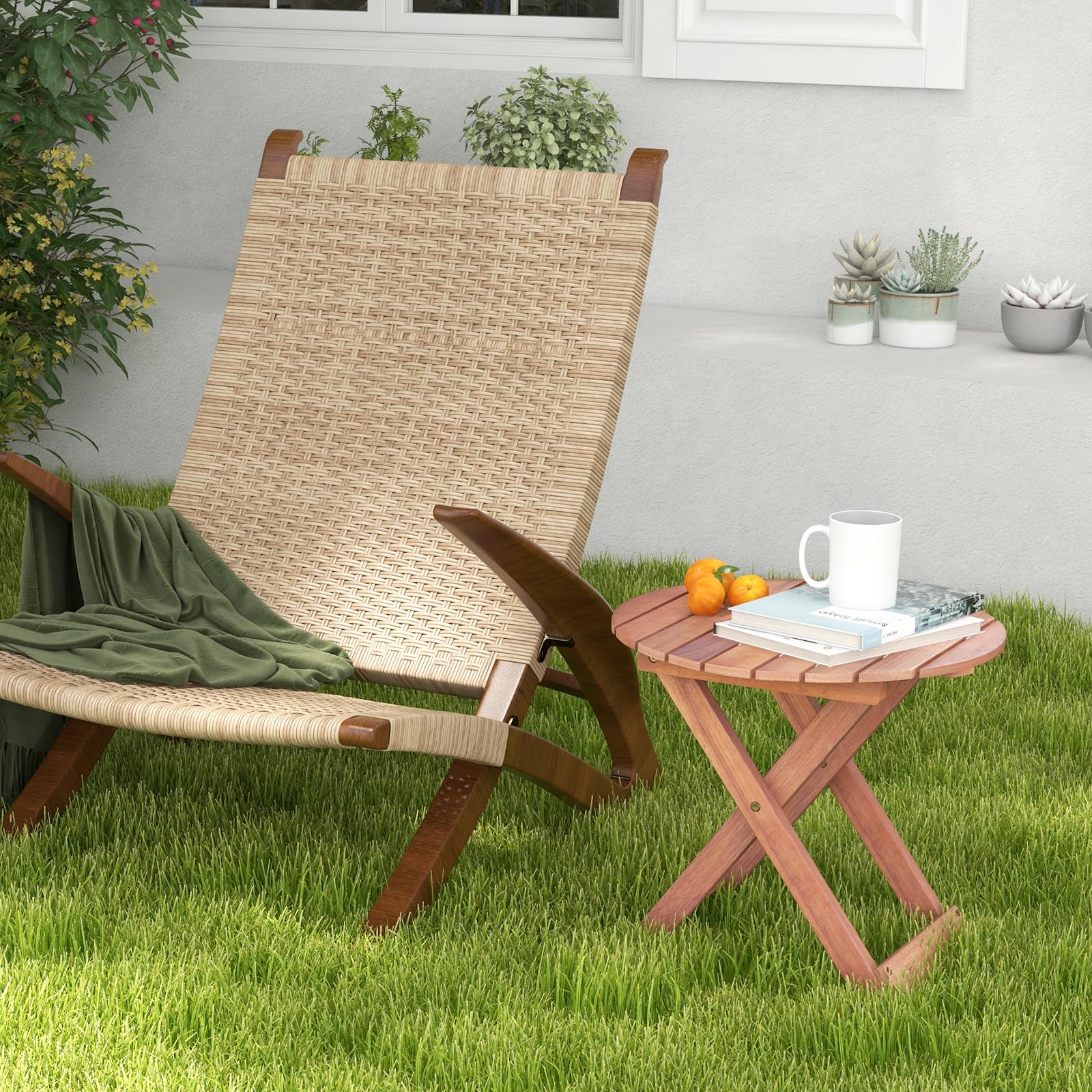 COSTWAY Tavolino Laterale da Giardino in Legno, Tavolino Pieghevole con Piano Traforato e Maniglia Sollevabile, Tavolino da Caffè per Interni ed Esterni con Manico per Casa, Piscina, Patio(Modello 1)