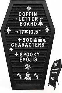 Coffin Letter Board Black With Spooky and Creepmas Emojis +500 Characters, and Wooden Stand - 17x10.5 Inches - Gothic Halloween Decor Spooky Gifts Decorations