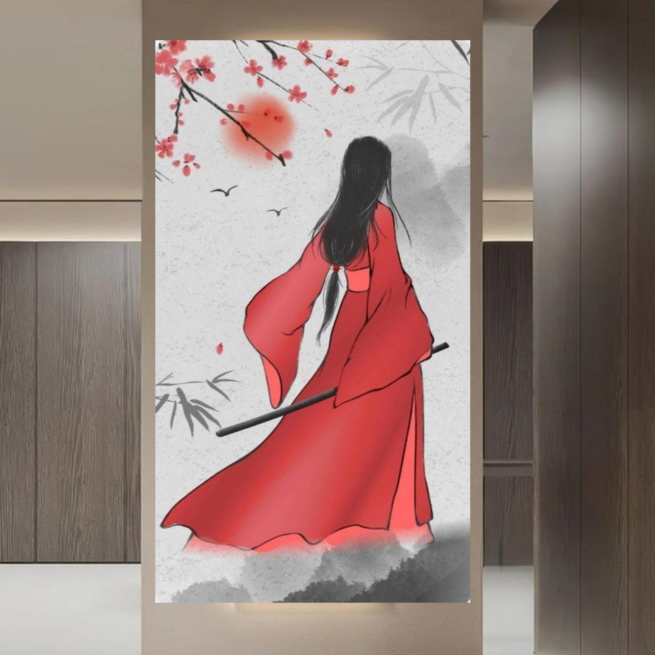 LMYCHENG Damskie płótno vintage czerwone kimono kwiat wiśni plakat kulturowy obraz na płótnie wydruki na płótnie obraz kobiecej figury (80 x 140 cm/rama wewnętrzna)