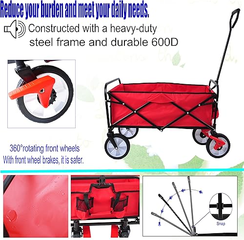 Miniatura 2 de Carro de jardín plegable rojo con frenos de rueda delantera, carro utilitario al aire libre para actividades al aire libre, jardines, parques,