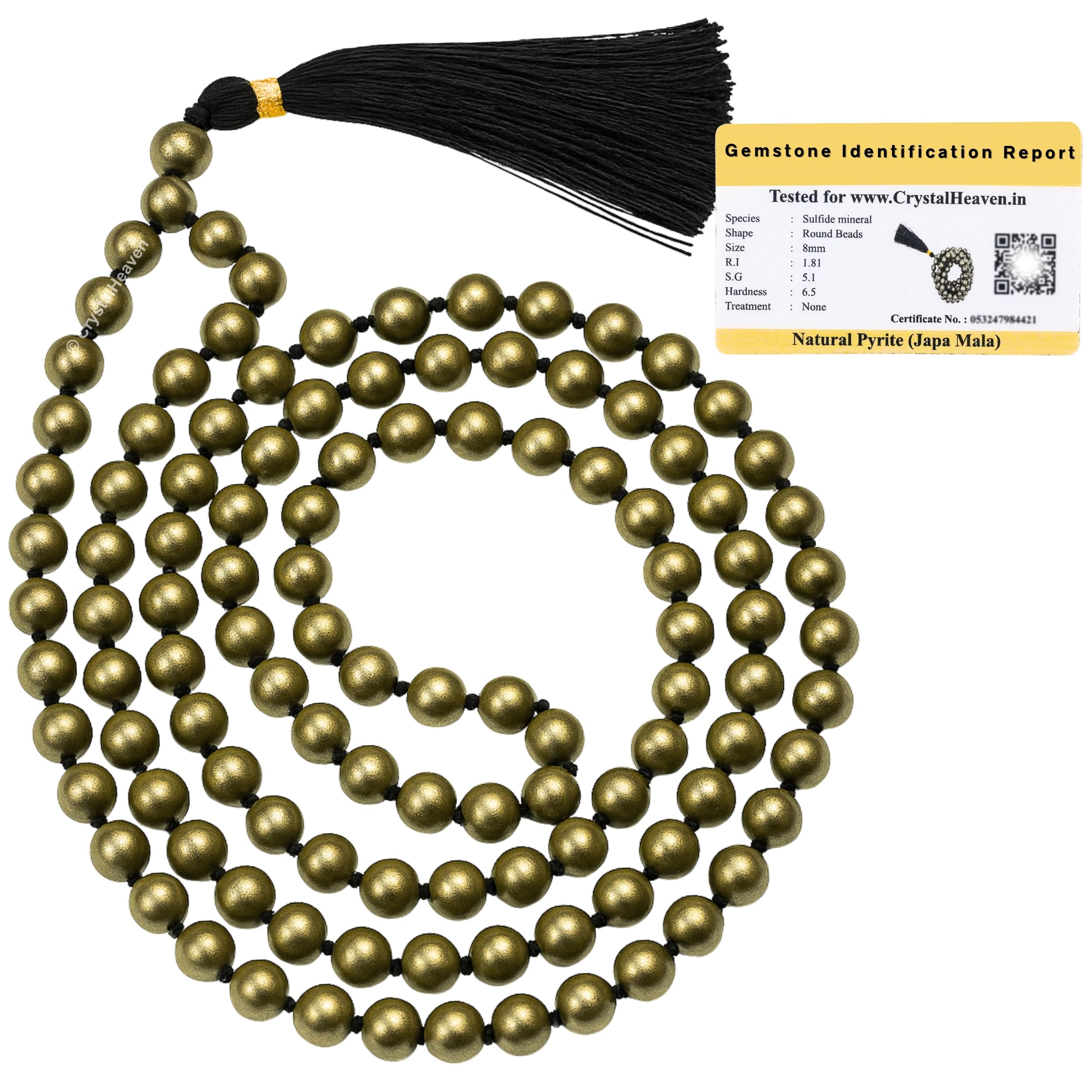 Certified Pyrite Crystal Japa Mala Ganthi - 108 Beads Buddhist Prayer Beads - AAA Grade Original Healing Gemstone Agate Mala for Yoga Meditation Spiritual Reiki Feng Shui