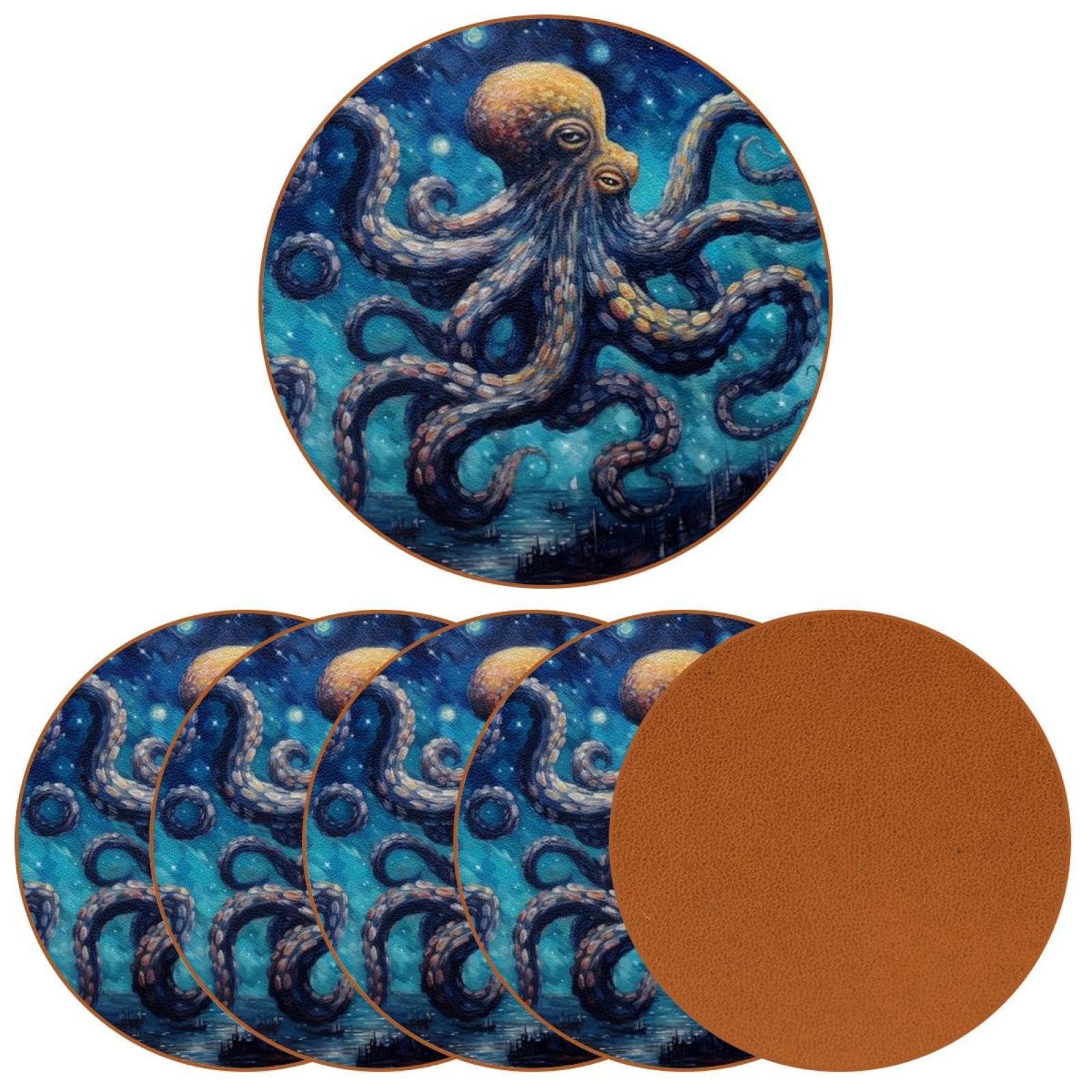 Cartoon-Galaxie-Oktopus-Untersetzer für Getränke, 6 Stück, Tisch-Schutzmatte für Weingläser, Tassen und Tassen, wiederverwendbar im Büro, Küche, Bar, 10,9 cm