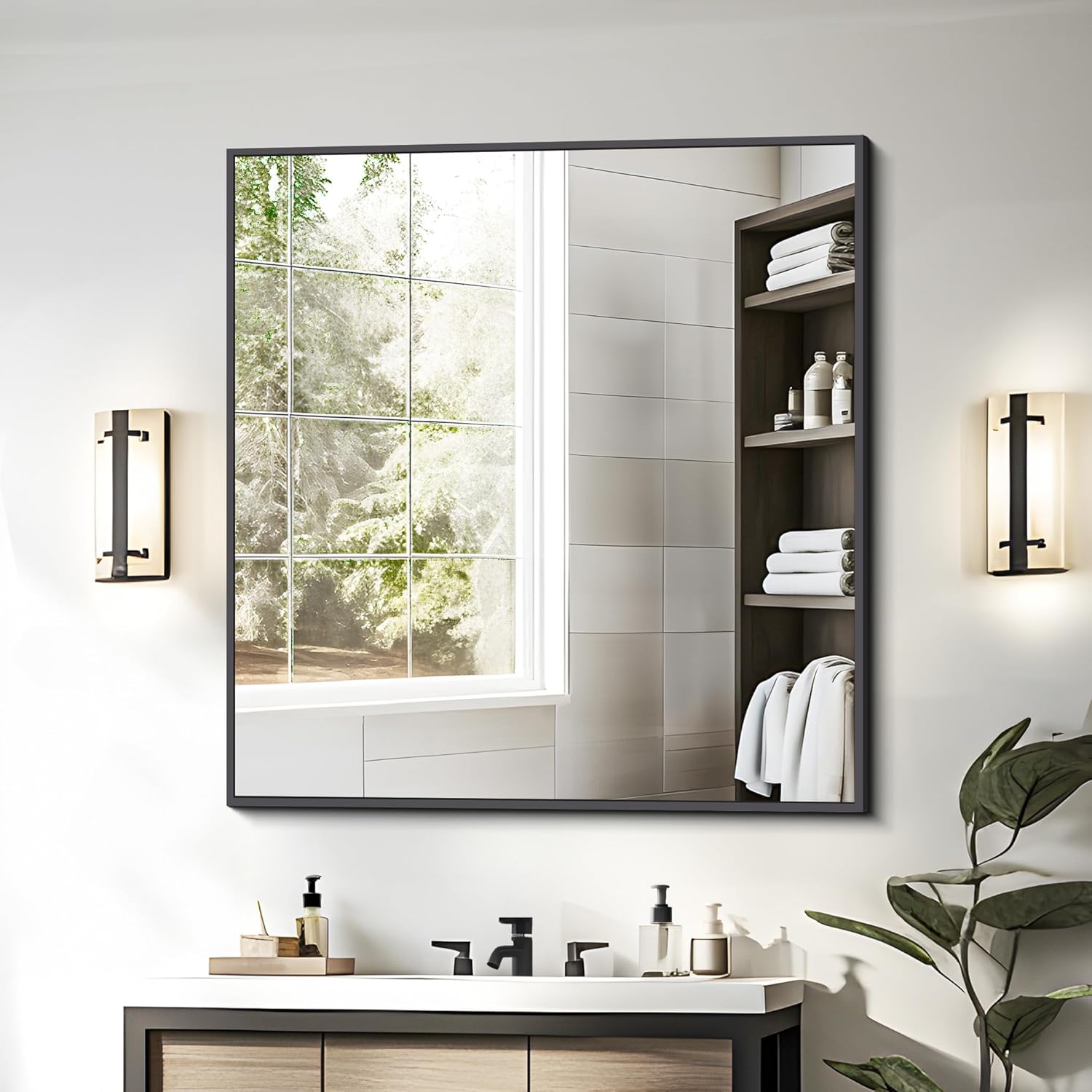 36x36 Inch Large Black Wall Mounted Mirror,Aluminum Framed Decorative Rectangular Bathroom Mirror for Wall Over Sink,Vanity Mirror for Bedroom Living Room Bathroom,Functional Oversized Mirror Black 36"x36"