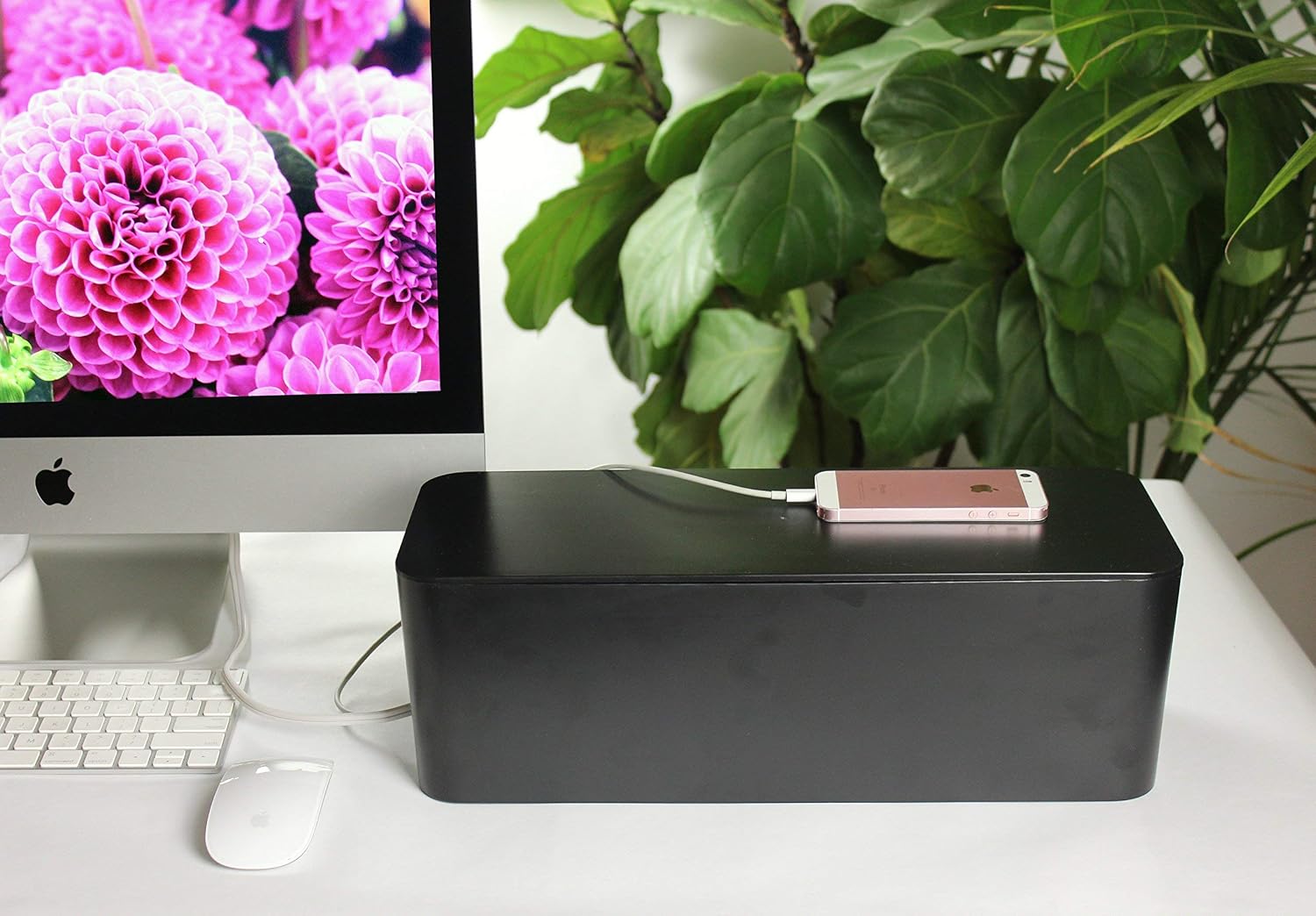 JK Home and Office Wire and Cable Organizer Box - Fits Long Power Strips - Large Clean-Look Management - Hide Ugly Cords, Surge Protectors, USB Sticks to De-Clutter Your Home - Includes 2 Wire Ties