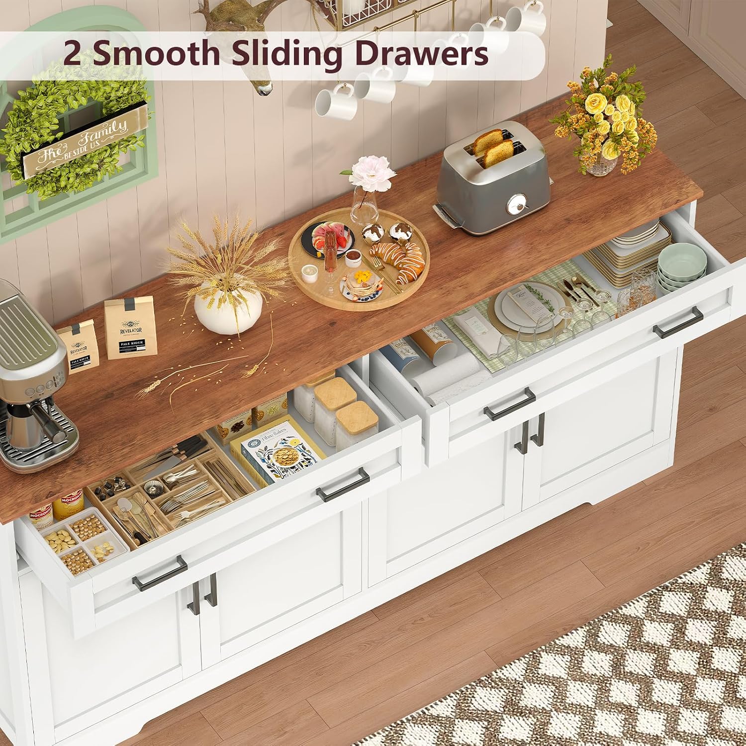 55” Buffet Cabinet with Storage and 2 Drawers, Large Sideboard Cabinet with 2 Adjustable Shelves and 4 Doors, Coffee Bar, Buffet Table for Kitchen, Dining Room, White