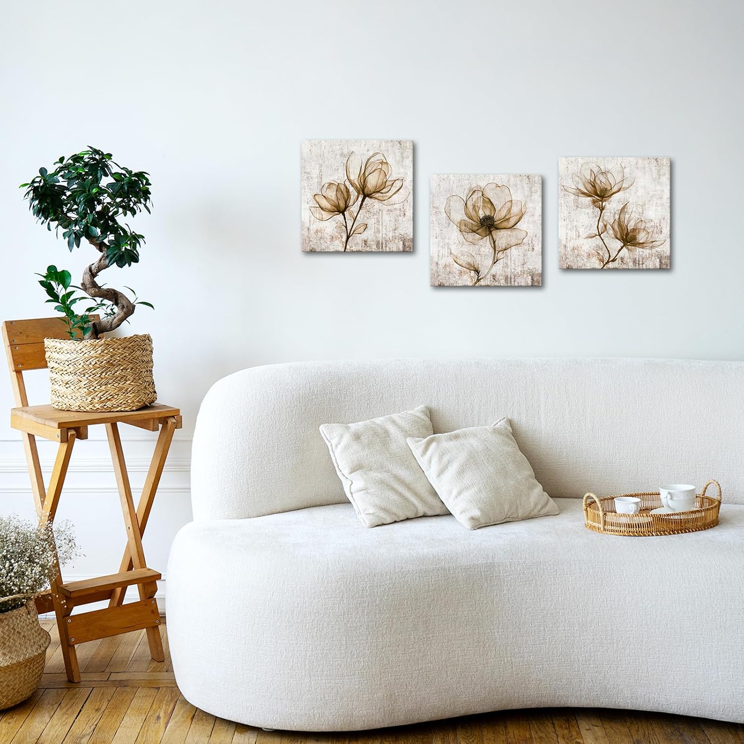 VANSEEING 3 Pieces Rustic Floral Wall Art Canvas Prints Vintage Magnolia Flower Brown Wall Decor Pictures Artwork Decoration for Bathroom Bedroom Farmhouse 12"x12"x3