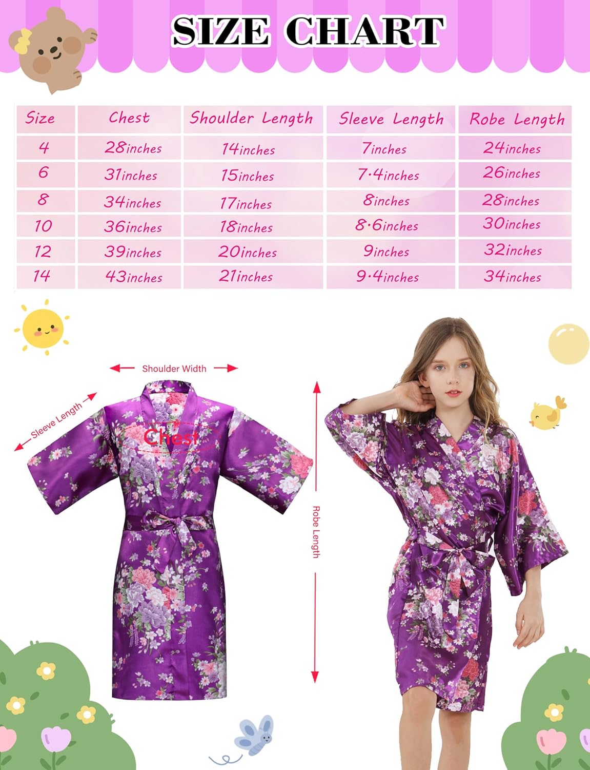 12 Piece Kids Silky Satin Robes Girls Spa Robes for Girls Party Floral Kimono for Wedding Birthday Slumber Spa Party
