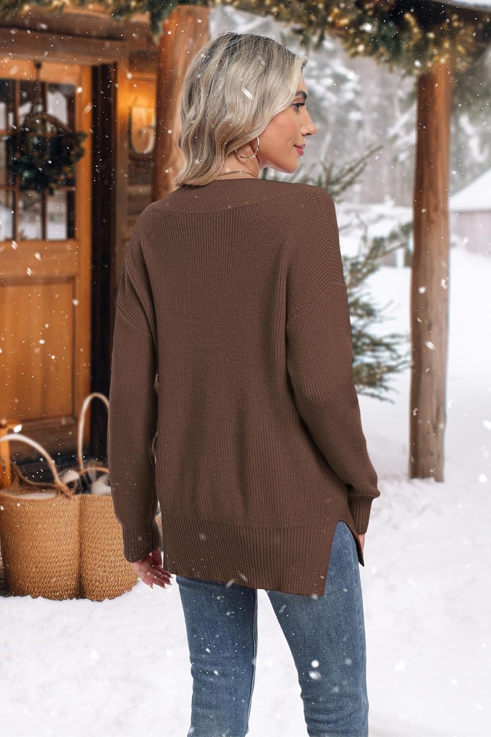 Jouica Women's Sweaters V Neck Pullover Sweater Side Slit Long Sleeve Knit Spring Tops Trendy Outfits for Women 2026 - Image 4