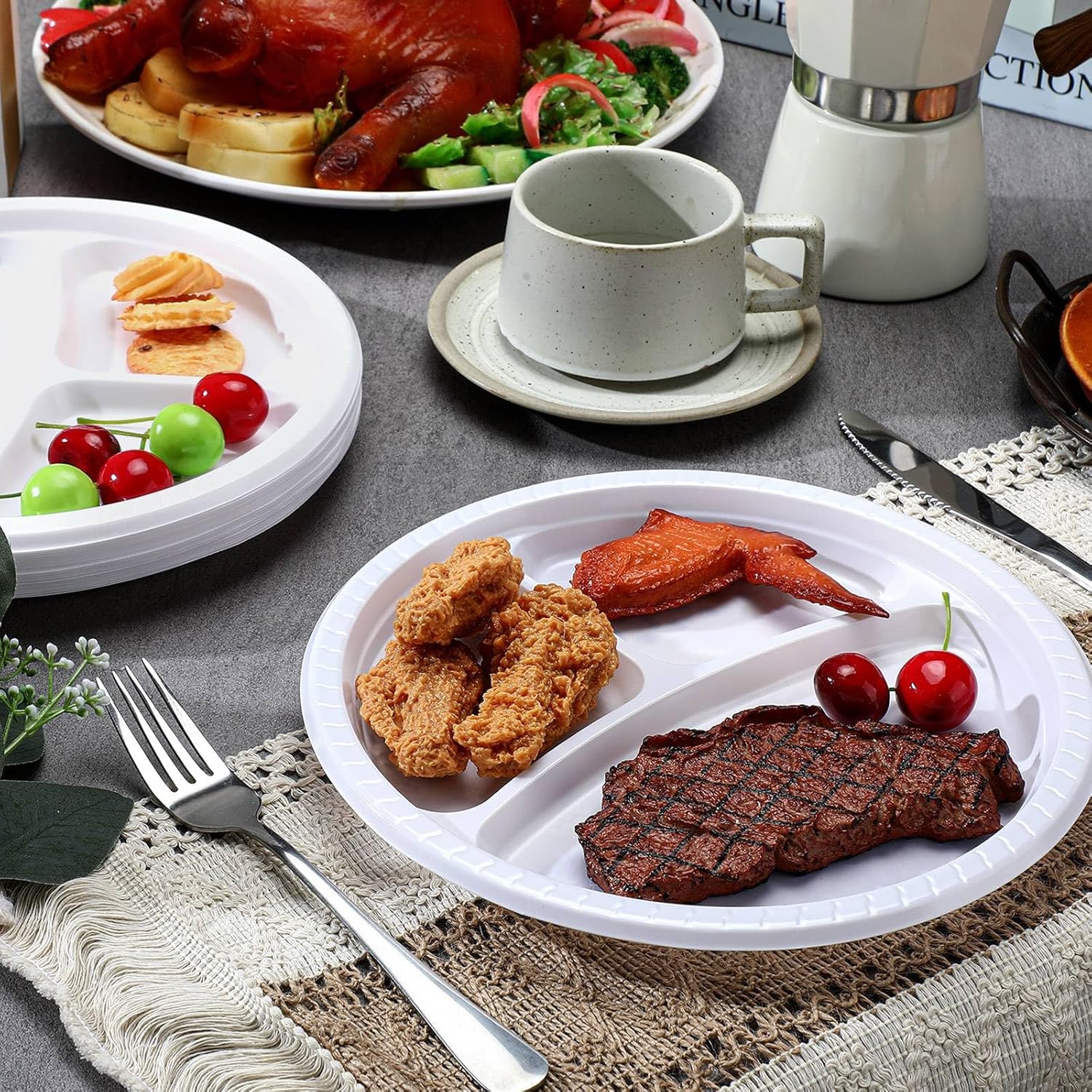 Umigy 100 Pcs 10 Inch 3 Compartments Divided Plastic Plates Bulk Colorful Disposable Heavy Duty Round Dinnerware for Valentine Wedding Birthday Party(White)