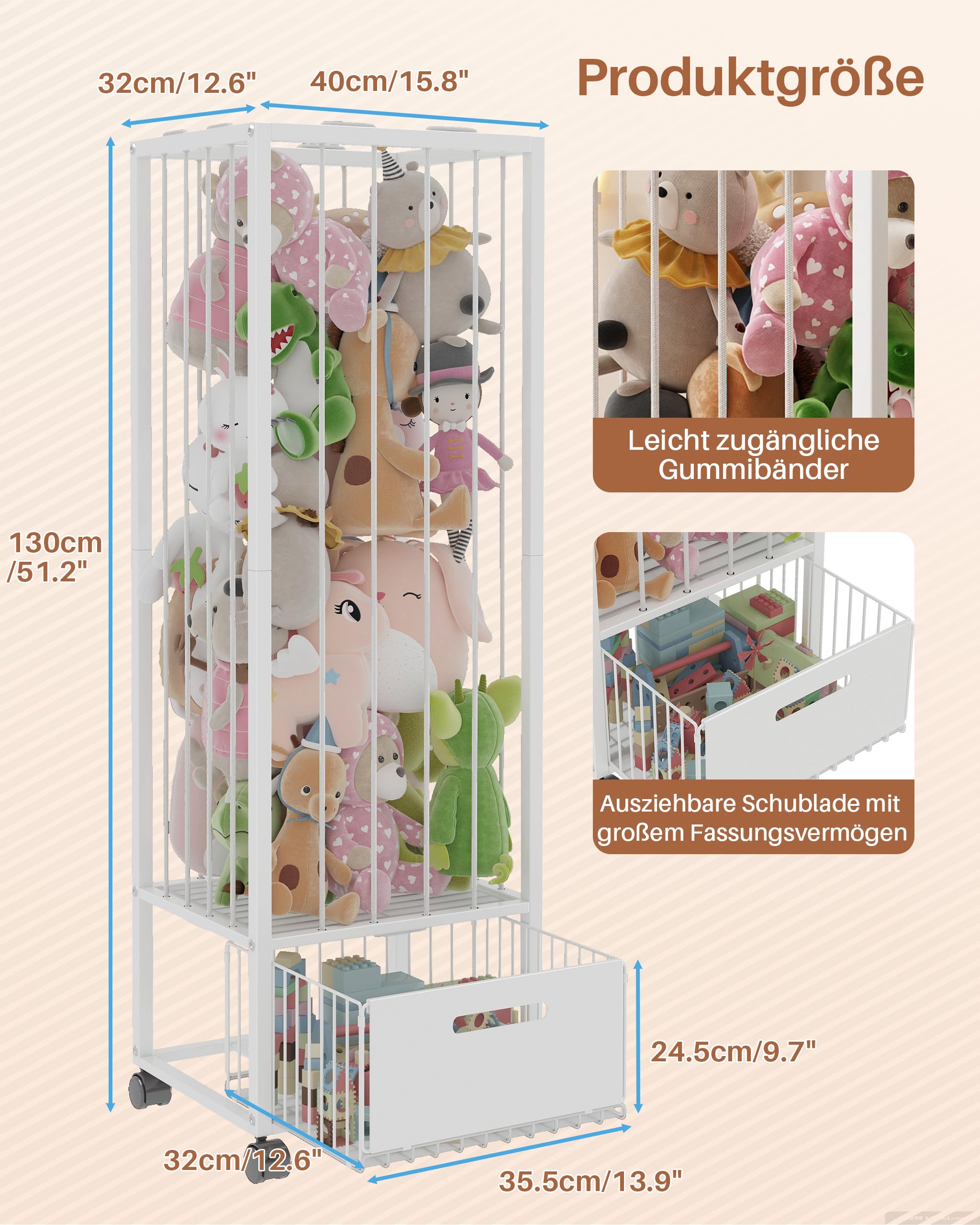 UMDONX Kuscheltier Aufbewahrung mit Schublade, 360° Bremsräder & platzsparend Design, Stofftier Organizer für Kinderzimmer, 40x32x130 cm, Weiß