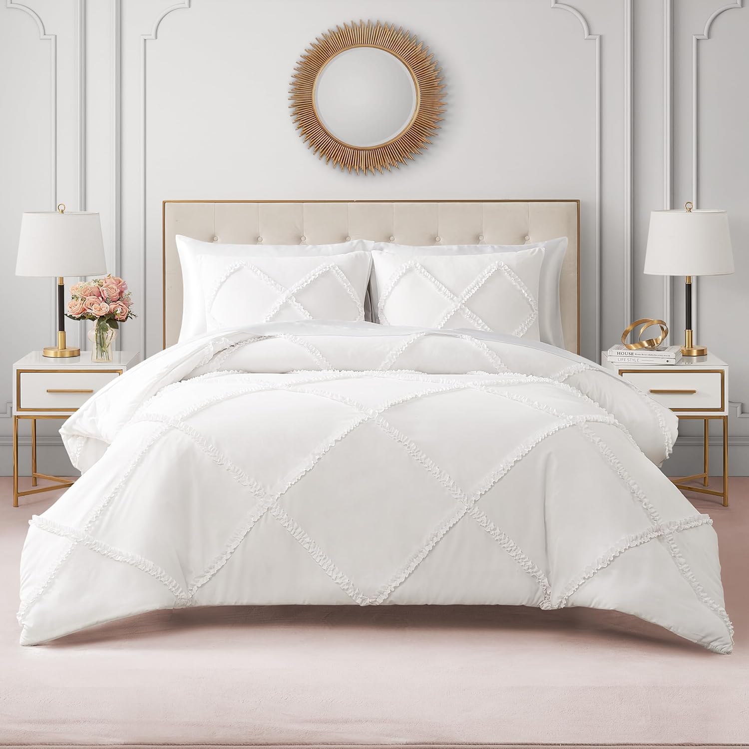Juicy Couture Diamond Queen Comforter Set - Ruffle 3-Piece Machine Washable Reversible Bedding Comforter Set, White