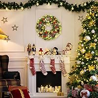 Vista 5 de Corona de Navidad, coronas de Navidad artificiales preiluminadas de 18 pulgadas para puerta delantera con piñas, bayas, corona de Navidad con luces