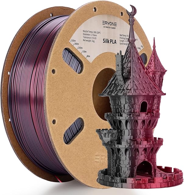ERYONE Jedwabny dwukolorowy filament PLA 1,75 mm, filament do drukarki 3D, FDM, 1 kg, 0,03 mm, czarny i czerwony