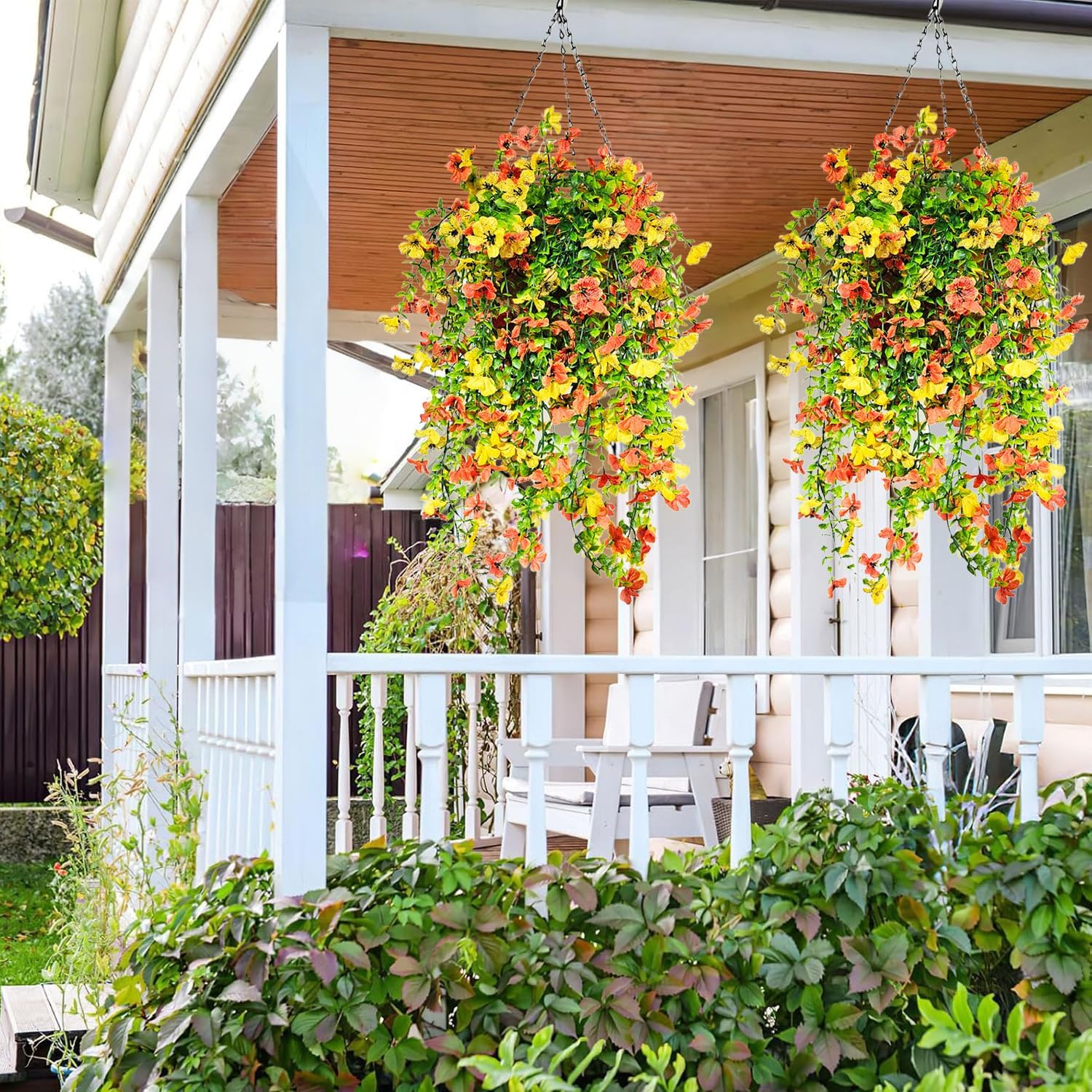 Artificial Hanging Flowers for Outdoor,4 Pcs Fake Hanging Plants Decoration,UV Resistant Faux Silk Flower with Eucalyptus Leaves for Outside Planter Yard Porch Patio Balcony (Orange+Yellow) - Image 6