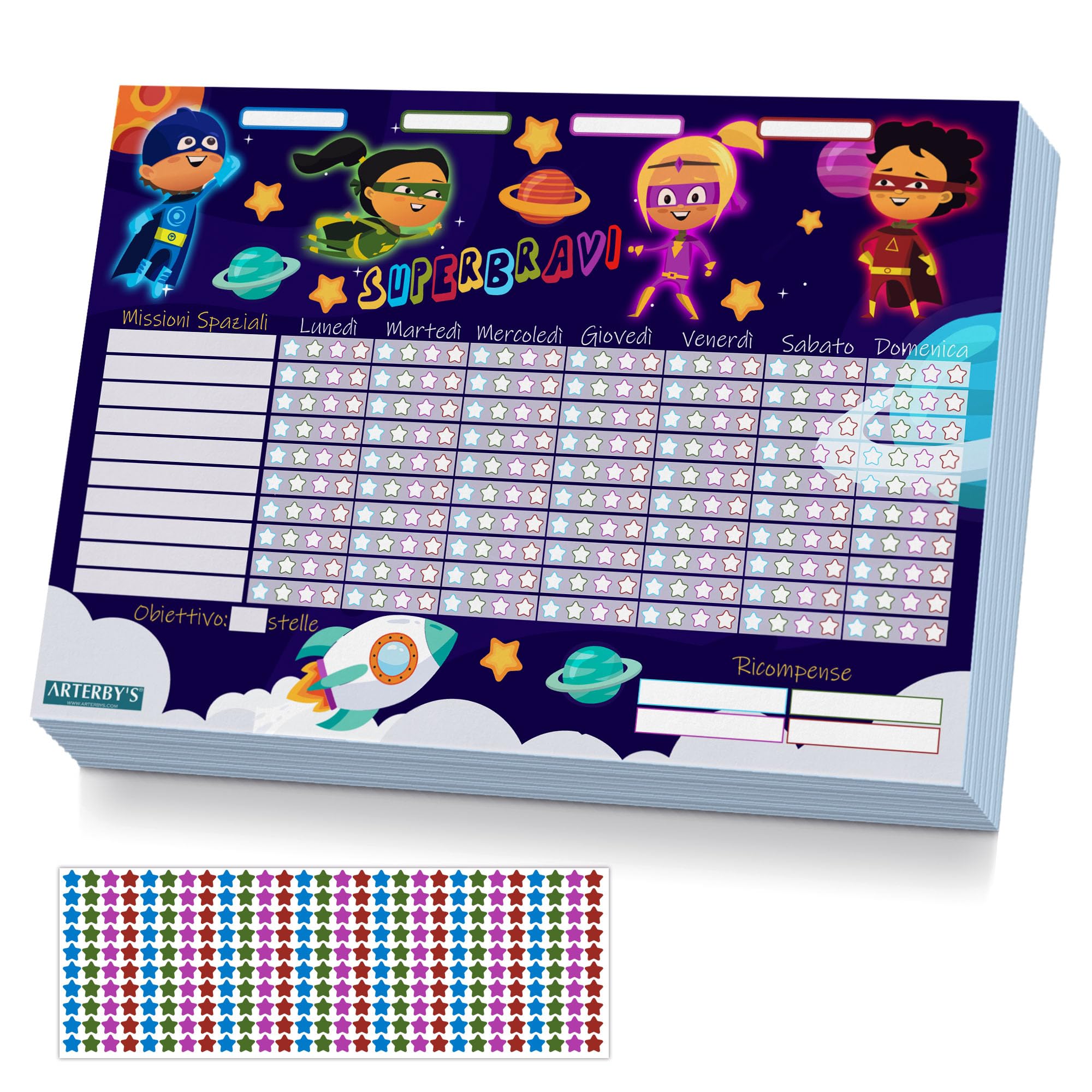 Arterby's® - Tabella delle Ricompense – 25 Fogli A4 in Cartoncino Rigido ECO e 280 Adesivi Stelle 4 Colori – Tabellone Attività Risultati Motivare Psicomotricità Bambini (Italiano, SUPEREROI - COL001)