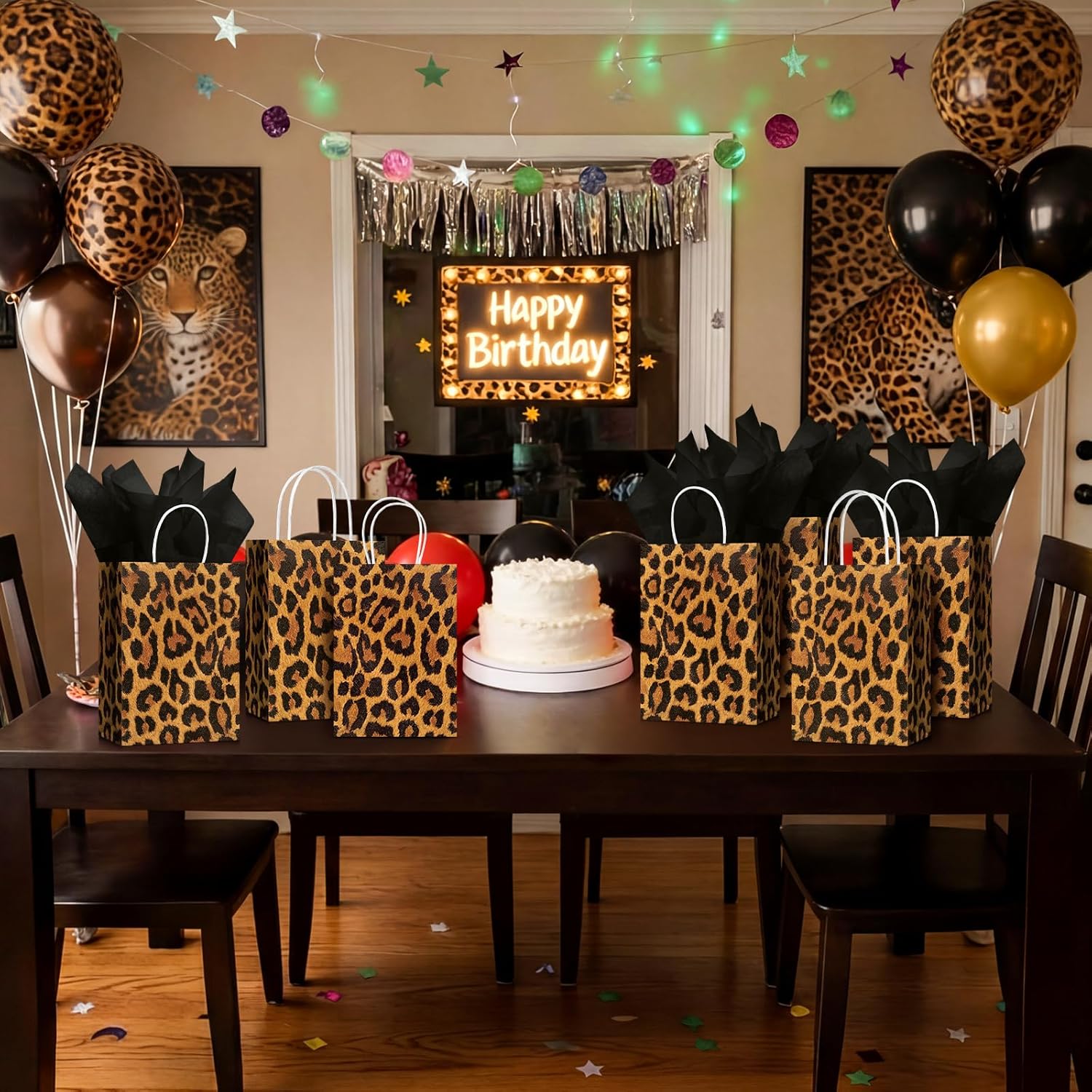 Sepamoon 30 Pcs Cheetah Print Gift Bags with Black Tissue 8 x 6 x 3 Inch Jungle Safari Party Favor and Handles Leopard Treat Goodie Animal Print Kraft Paper Bags for Party Decoration Supplies