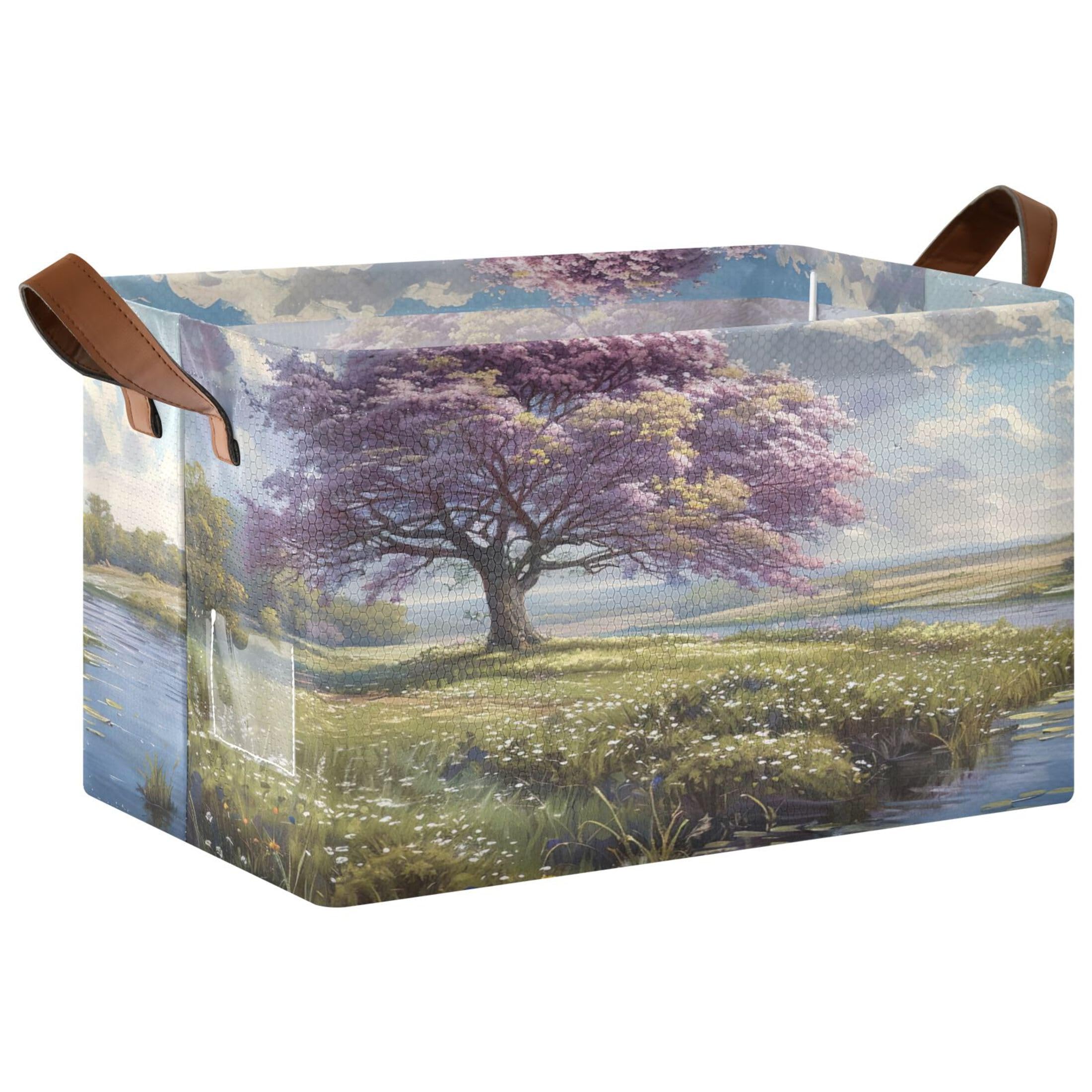 Kutsu Foldable Storage Basket Landscape Collapsible Storage Bin with Handles for Shelves, Rectangle Basket for Home Nursery Decor, 16.9x11.4x10 in