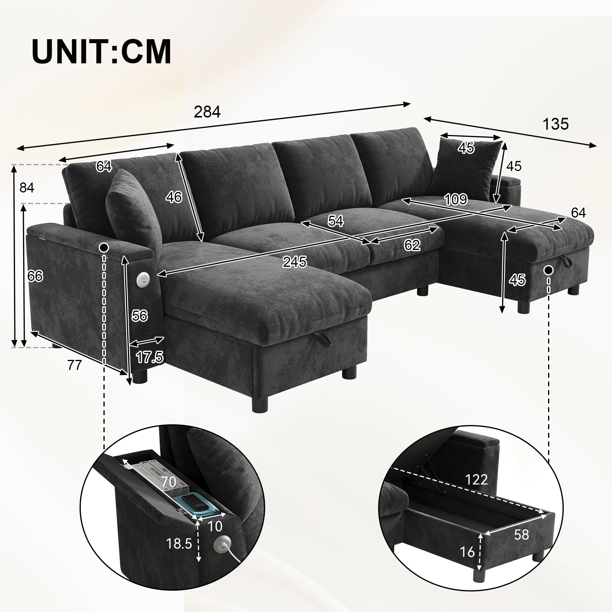 Muskel Chenille Wohnland 284 × 135 cm, sofá esquinero en forma de U con dos chaise longues y 2 plazas, sofá con espacio de almacenamiento abatible, cómodo sofá para salón, gris