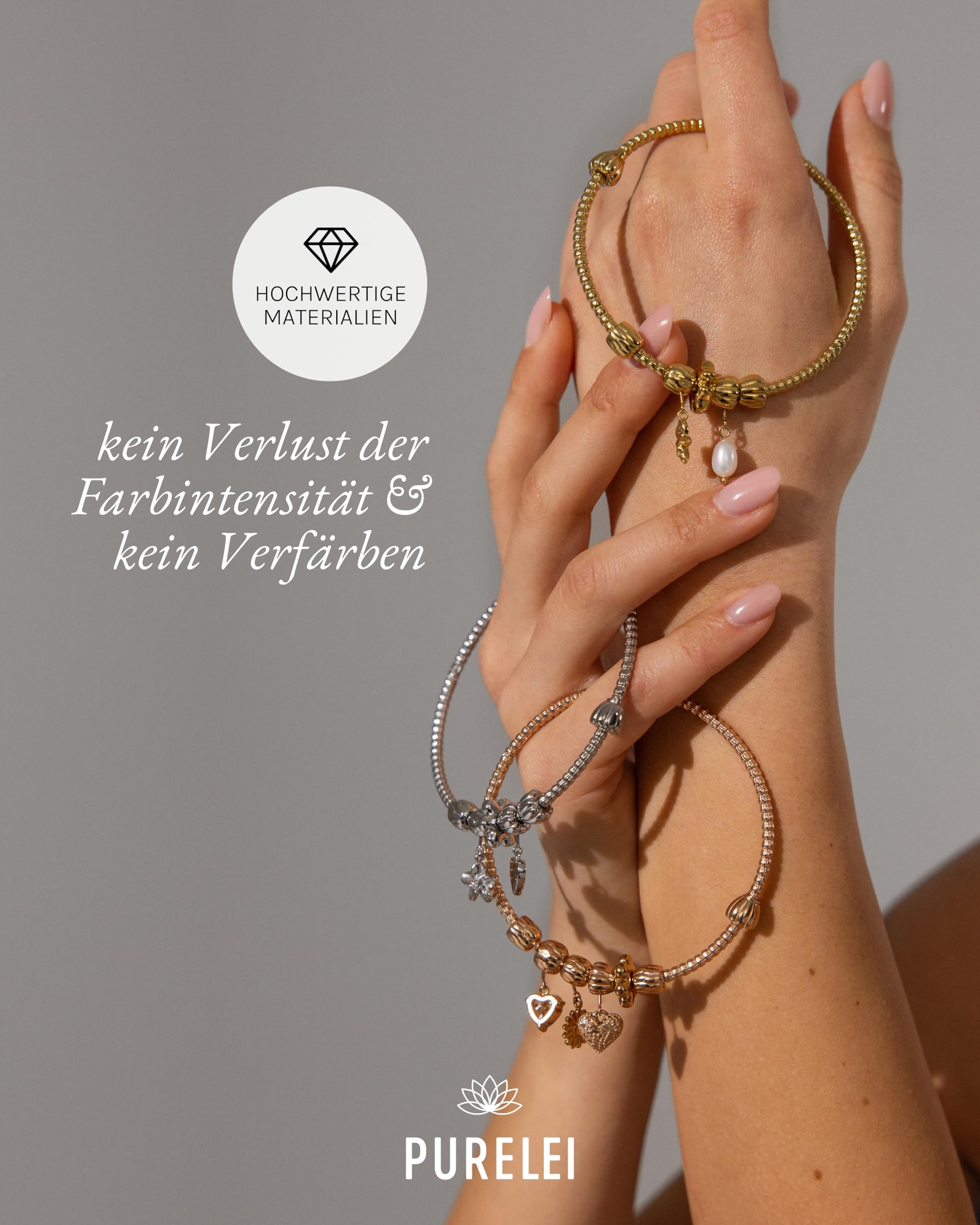 Purelei LEI Charm Armreif Damen S/M, wasserfestes Armband aus Edelstahl 14K vergoldet, Schmuckstück zum Kombinieren mit Stopper, Herz, Sonnenblume und Perle