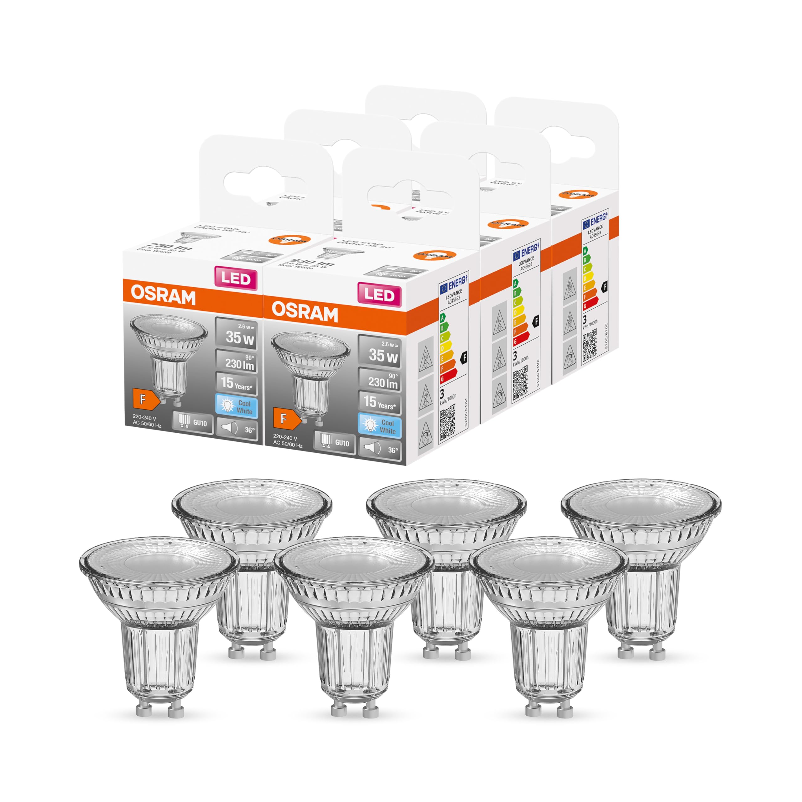Osram Lamps PAR16 LED Reflektorlampe mit GU10 Sockel, Kaltweiss (4000K), Glas Spot, 2.6W, Ersatz für 35W-Reflektorlampe, LED STAR PAR16, 6er-Pack, White