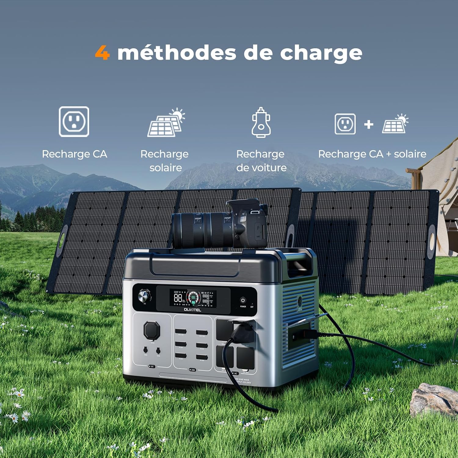 OUKITEL P2001 Plus in an outdoor setting with solar panels, illustrating its four charging methods.
