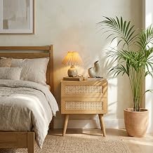 NTC Mel Solid Wood Nightstand with 2 Drawers, Handwoven Natural Rattan Bedside Table, Mid Century Modern Night Stand, Wooden Side Table for Bedroom, Easy Assembly, Sand
