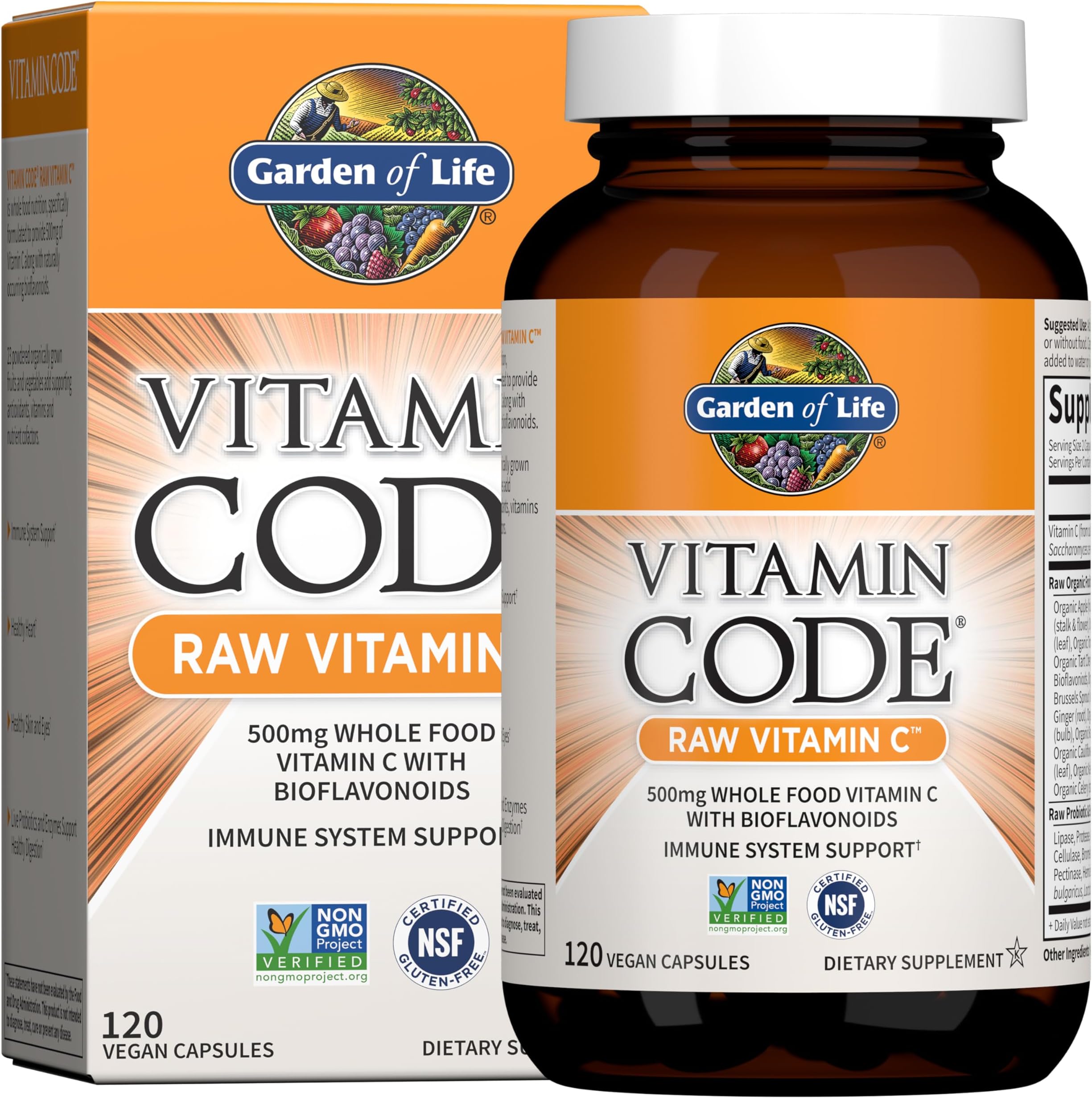 Vitamin Code Raw Vitamin C - 120 Capsules, 500mg Whole Food Vitamin C Capsules + Fruit & Veggie Blend & Probiotics, Supplements for Adults, Vegan, Gluten Free