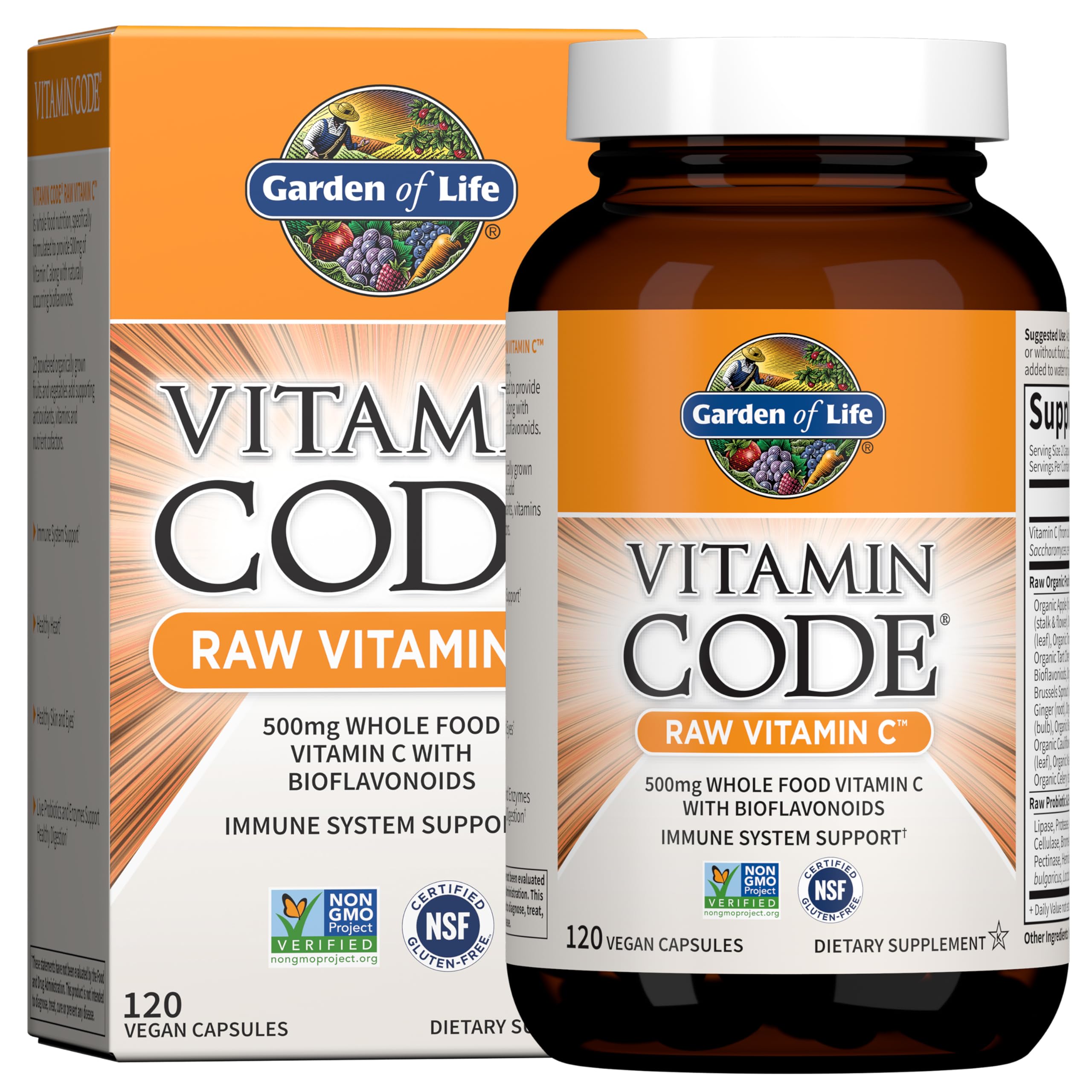 - Vitamin Code Raw Vitamin C - 120 Capsules, 500mg Whole Food Vitamin C Capsules + Fruit & Veggie Blend & Probiotics, Supplements for Adults, Vegan, Gluten Free