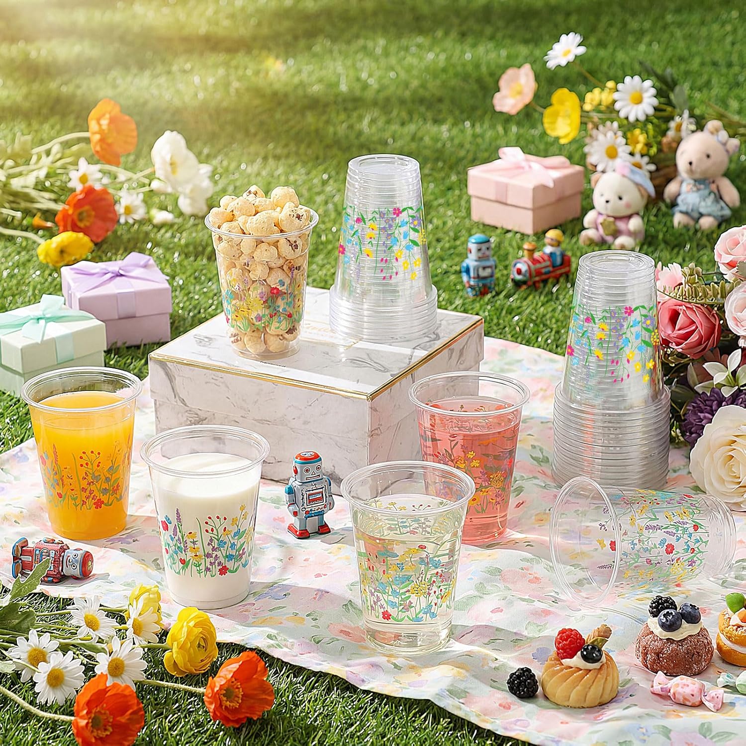Jingmore 100 pcs Wildflower Disposable Cups Bulk 12 oz Clear Floral Plastic Cups Cold Beverage Flower Drinking Container for Spring Wedding Baby Shower Party