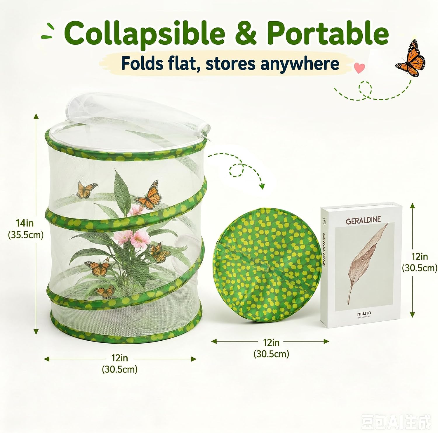 Pop-Up Collapsible Butterfly Cage with Dual Zipper Doors, 12"x12"x14" image 2