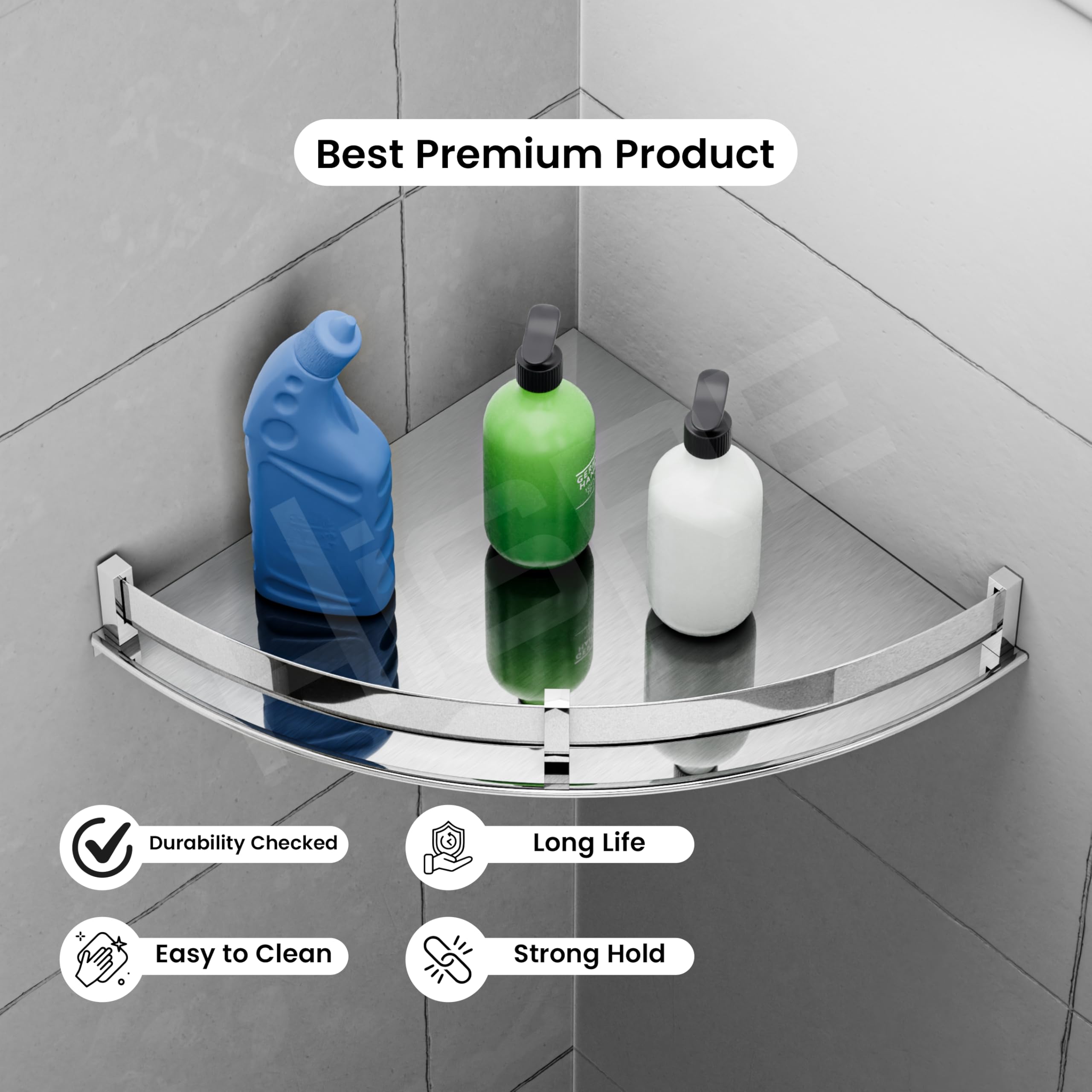 HISRE Wall-Mounted Corner Shower Shelf with Tempered Glass Tray & Polished Chrome Guard Rail | Space-Saving Bathroom Organizer for Shampoo, Soap & Toiletries, photo 4 of 5