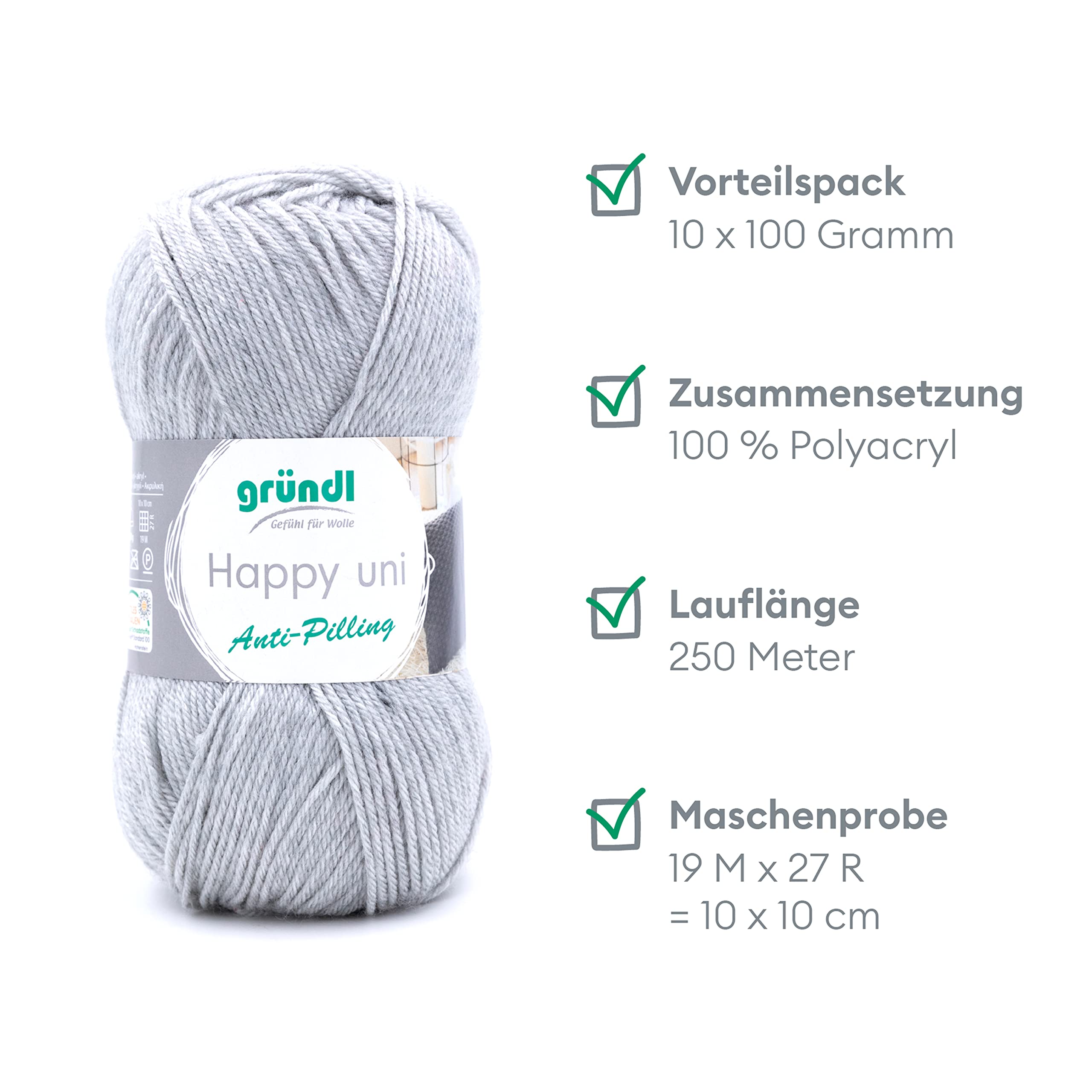 Gründl Laine Happy uni (Fil à tricoter / Fil à crocheter anti-pilling à 100% en polyacrylique), fil à tricoter 10 x 100 g/ 250 m, gris galet