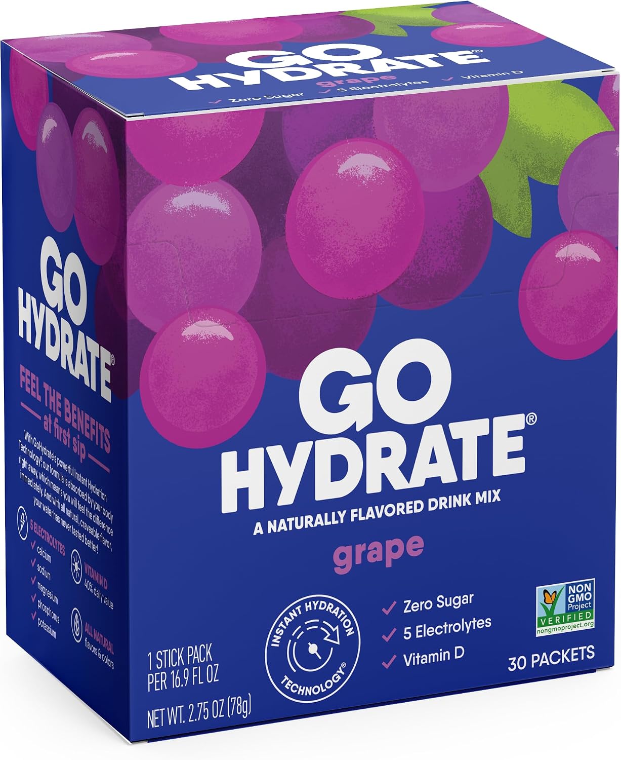 GoHydrate Instant Hydration Powder Packets - Low Sodium Electrolytes Drink Mix - Natural Hydration Support, Sugar Free Electrolyte Flavored Powder Drink with Vitamin D, 30 Packs, Grape