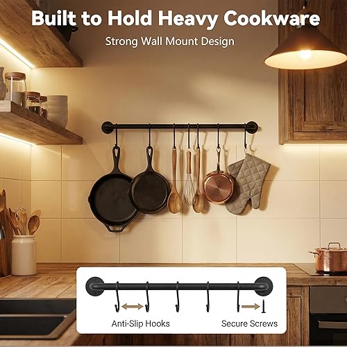 Miniatura 5 de Soporte de pared para utensilios de cocina hecho de acero, organizador de ollas y sartenes, soporte de pared para organizador de cocina de hierro