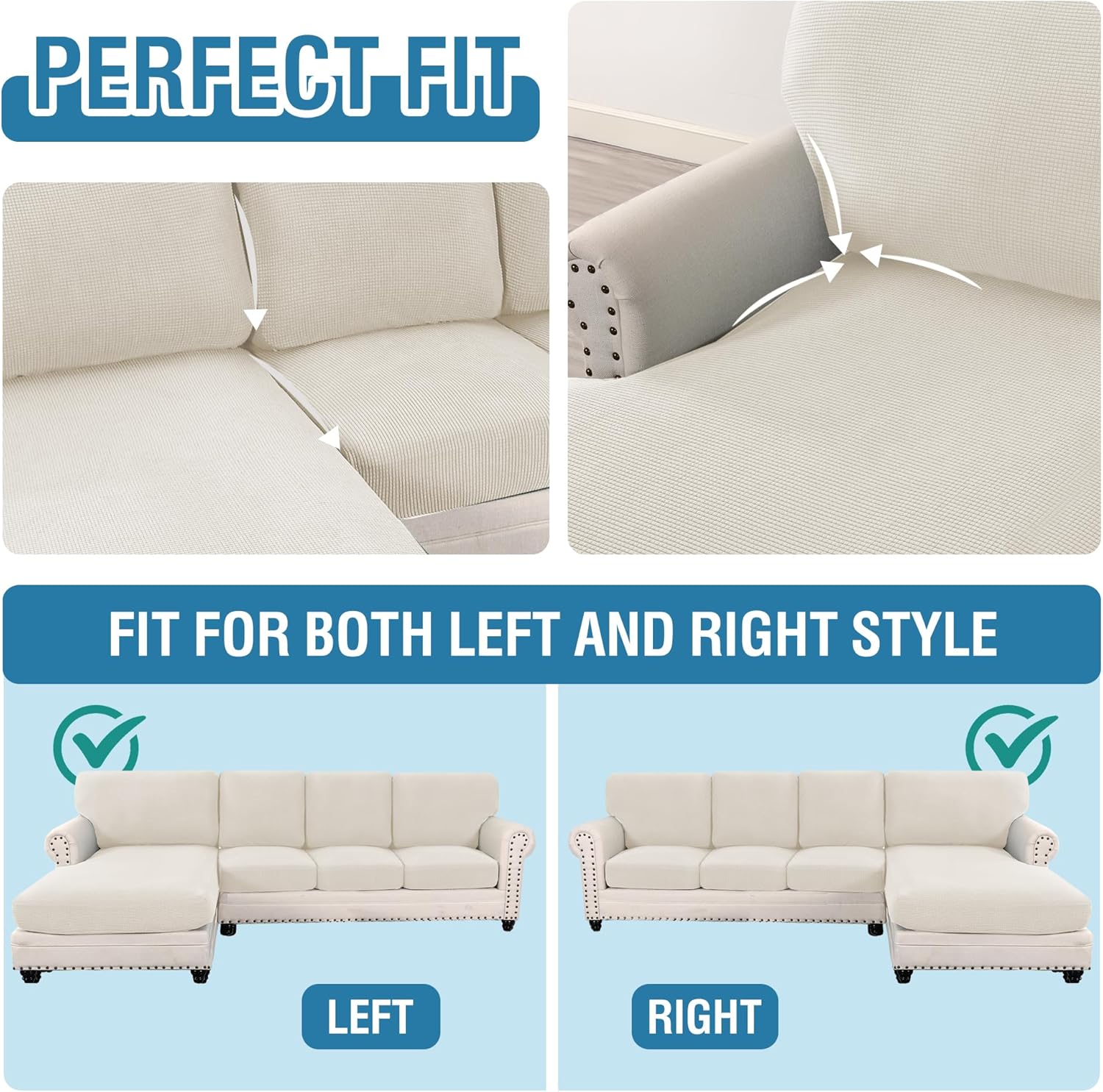 H.VERSAILTEX Sectional Couch Covers 8 Pieces Stretch Sofa Covers for Sectional Sofa Set Separate L Shaped Couch Cover for Both Left/Right Couch (Seat and Back: 1 Chaise + 3 Sofa, Ivory)