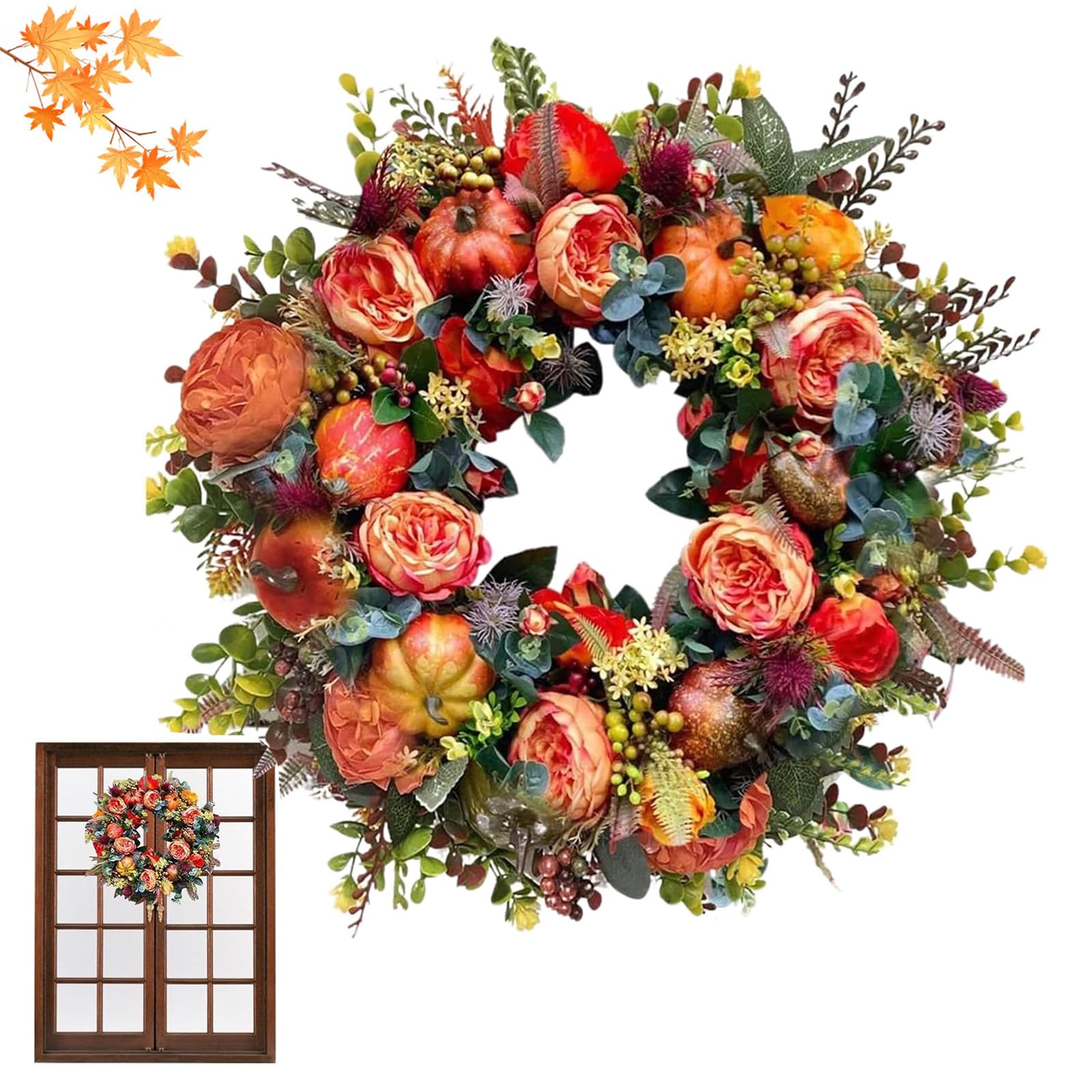 Nnbwlmaee 17.7In Fall Peony And Pumpkin Wreath, 45Cm Autumn Peony Pumpkin Wreath Simulation Garland, With Pumpkins, Peonys, Berry Branches, For Halloween Thanksgiving Harvest Home Decor (17.7In)