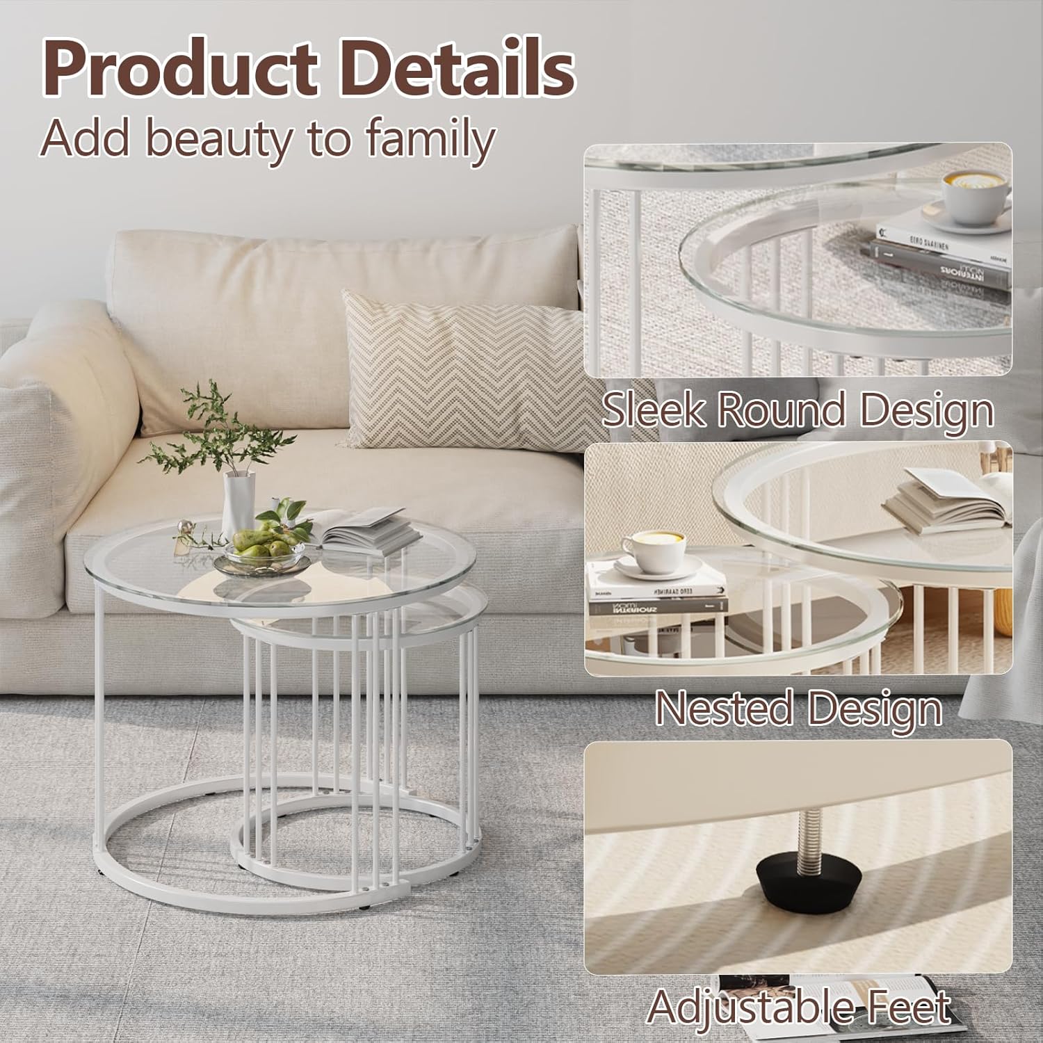 Garden 4 you Nesting Coffee Table, 23.6" Round Coffee Table Set of 2, Glass Nesting Table with Metal Frame, Ceter Tables for Living Room Bedroom Balcony, White