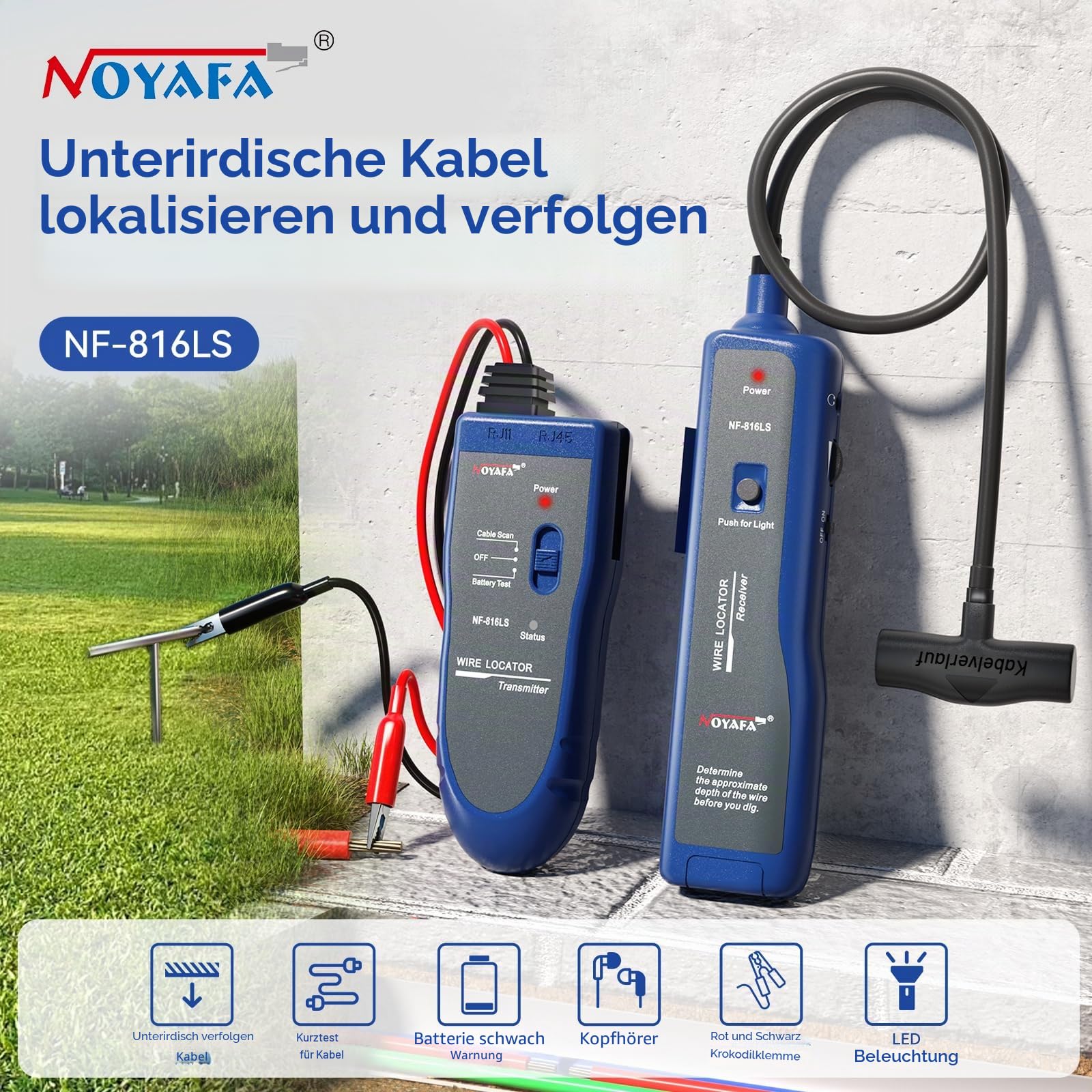 NOYAFA NF-816LS Unterirdischer Kabelsucher - Kabelortungsgerät für Haustierzaun, Strom, Netzwerk & Bewässerungskabel, Wiederaufladbarer Lithium Akku, LED Taschenlampe, Kabelbruch Erkennung