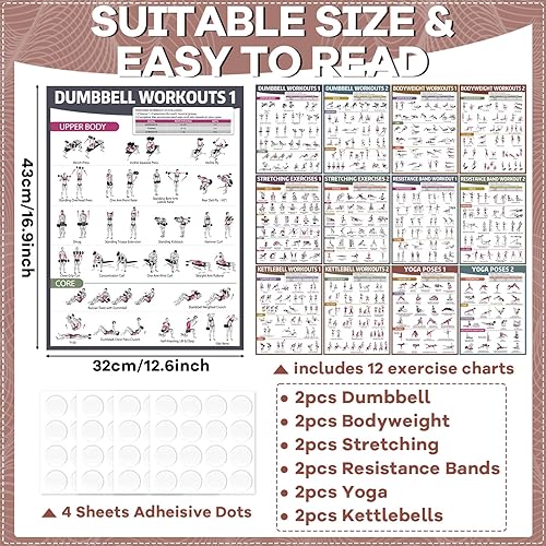 Miniatura 2 de gisgfim 12 pósteres de entrenamiento para mancuernas de gimnasio en casa, peso corporal, estiramiento, pesas rusas, yoga, bandas de resistencia,