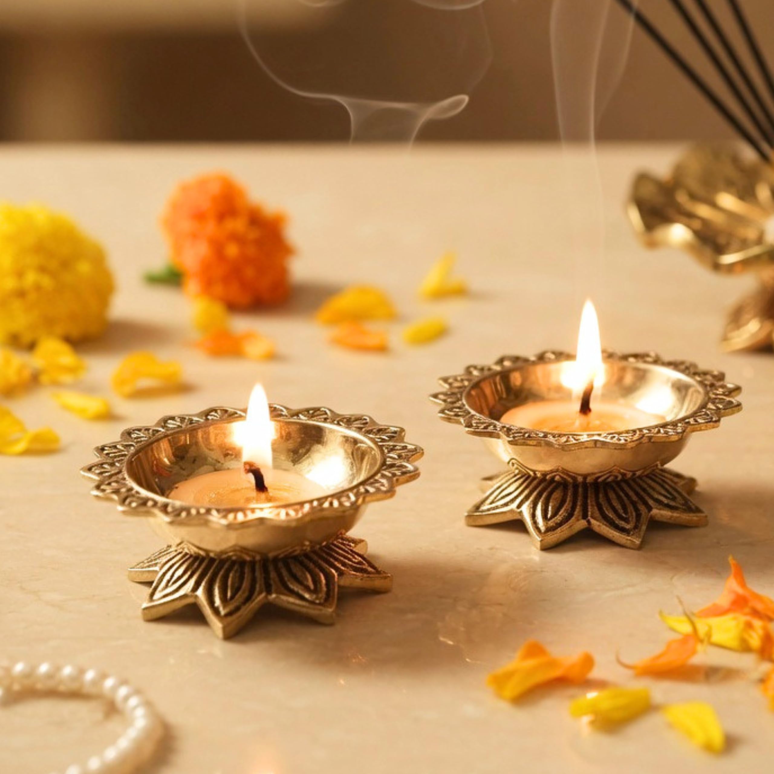 Behoma 100% Pure Brass Padma Diya Set of 2 for Puja | Traditional Handcrafted Lotus Shape Oil Lamp Diya for Home, Temple, Office, Pooja Room Decoration, Festive Rituals & Housewarming Gift Item-image-23